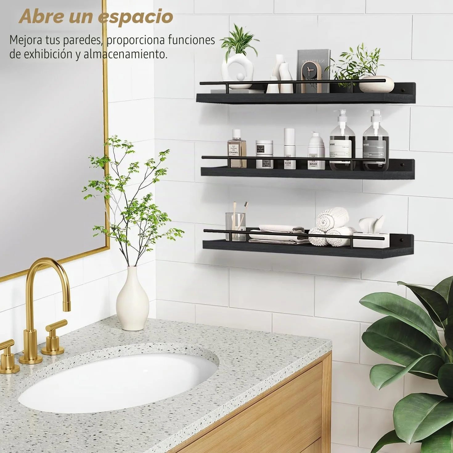 ZVZM Estantería de Pared para Baño y Cocina, 3 Baldas, Estante de Madera para Dormitorio, Sala de Estar