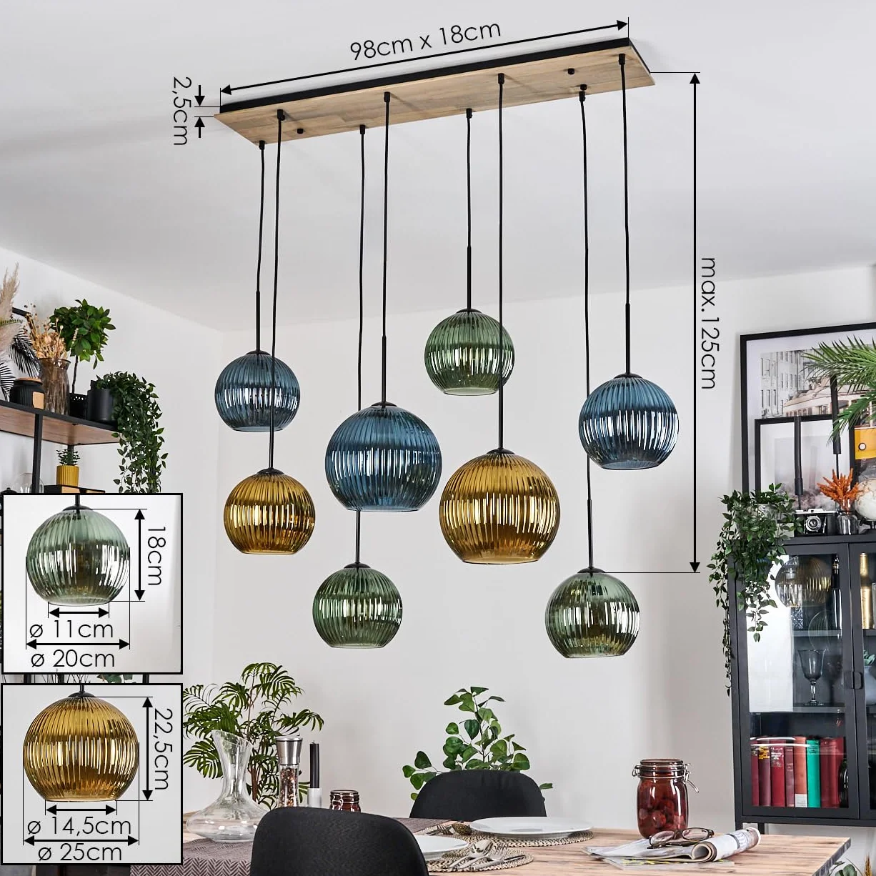 Lámpara de techo Koyoto HOFSTEIN, 8 luces de metal/madera/cristal estriado en negro/natural/verde/azul/dorado, diseño retro (pantallas de Ø 20; 25 cm), E27, comedor, cocina, salón