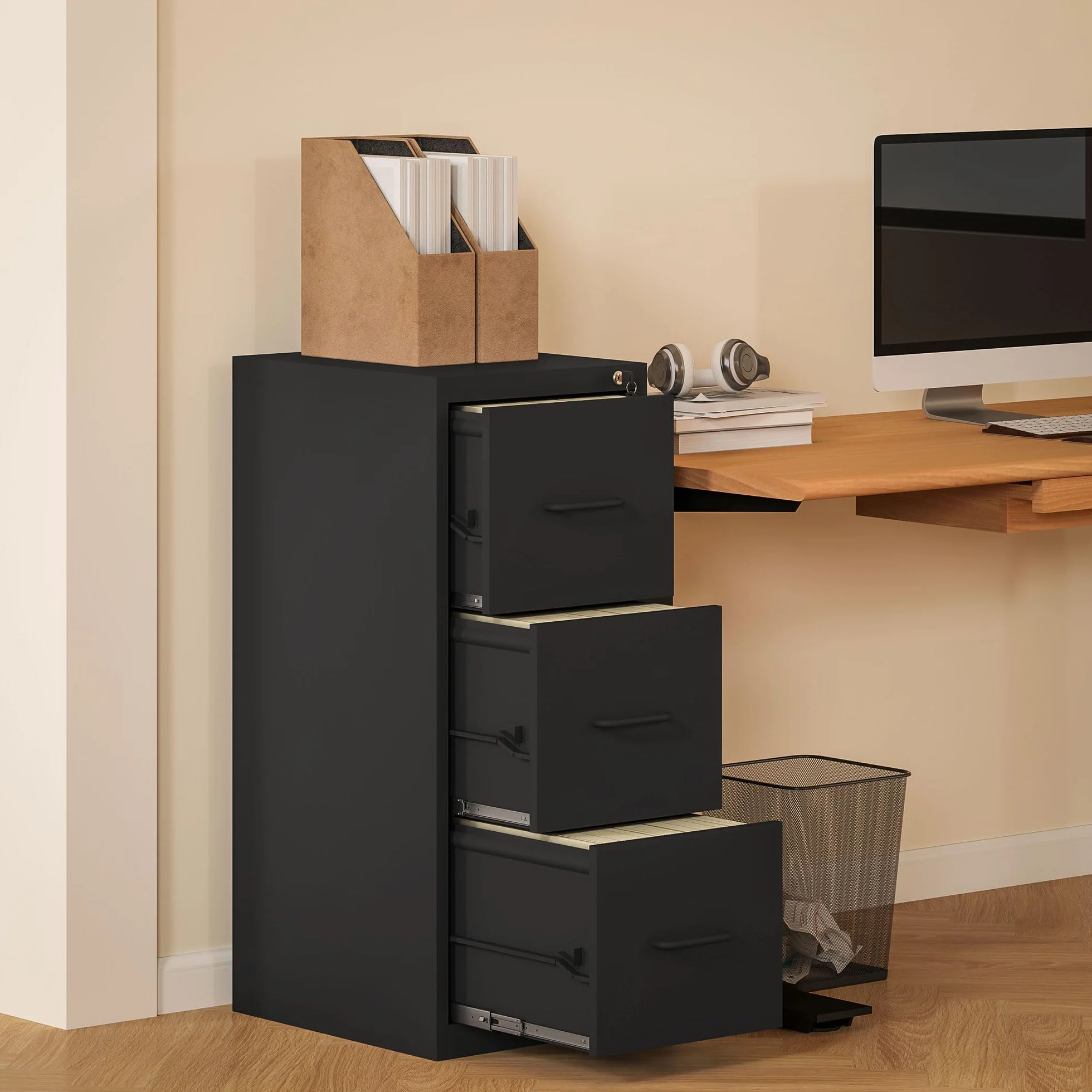 HOMCOM Archivador de 3 Cajones con Barra Ajustable de Acero para Oficina, Ideal para el Hogar y el Estudio, 36,5x46,2x99 cm, Negro