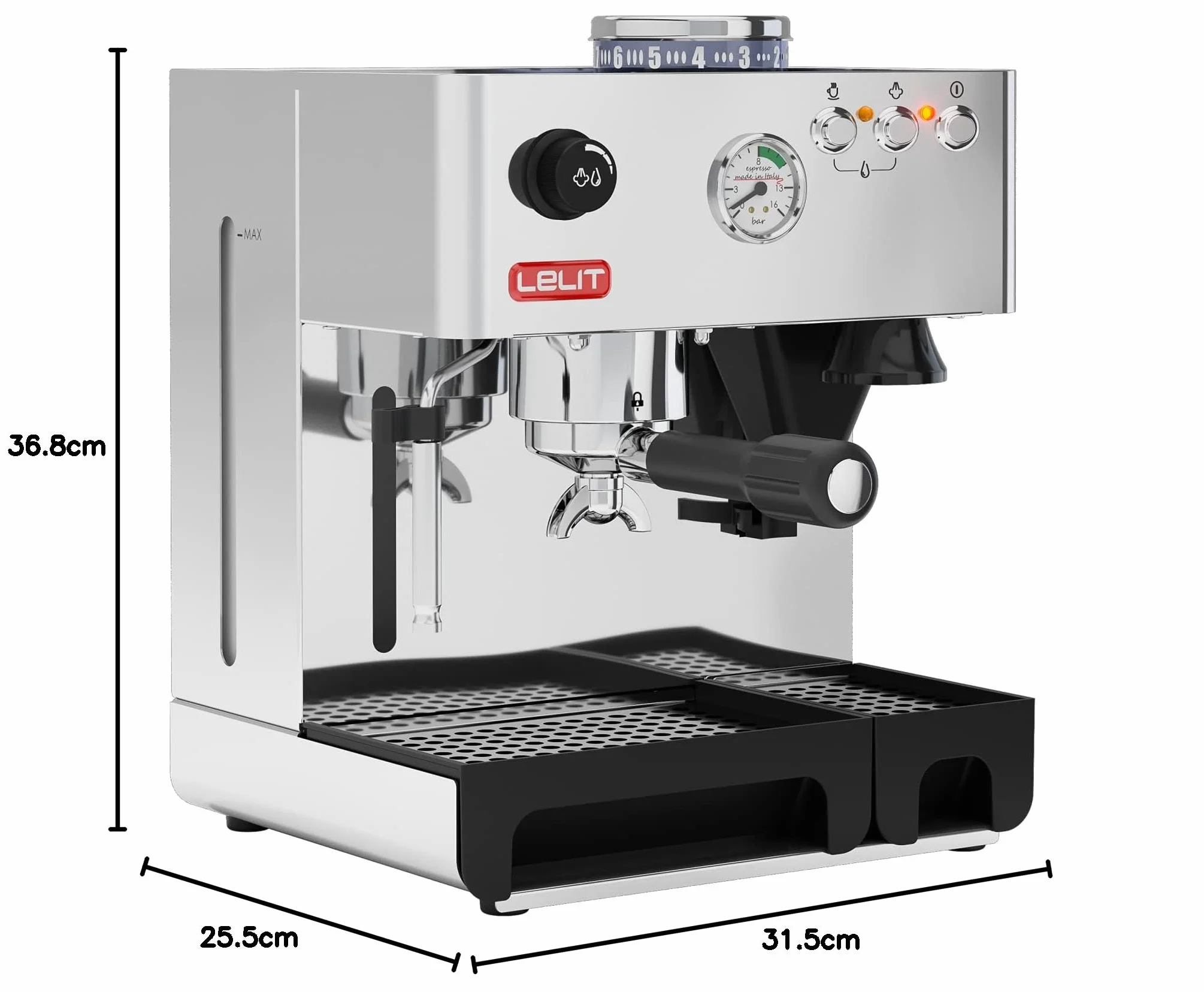 Lelit Anita Máquina de Café - Con Molinillo de Café Integrado & Espumador de Leche - PL042EM - Acero Inoxidable Pulido - Plata