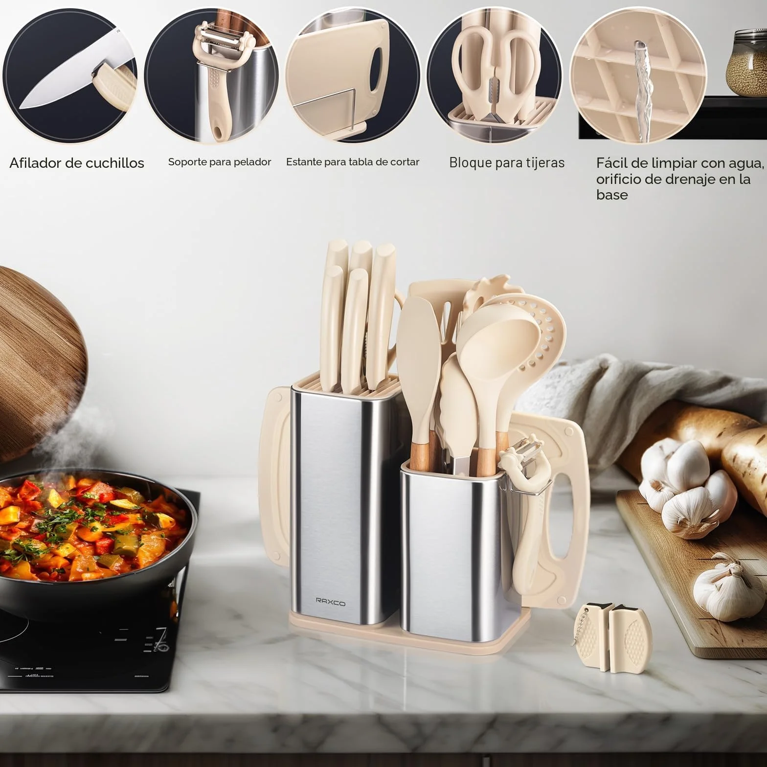 RAXCO Juego de cuchillos de cocina de acero inoxidable de 18 piezas con bloque y afilador