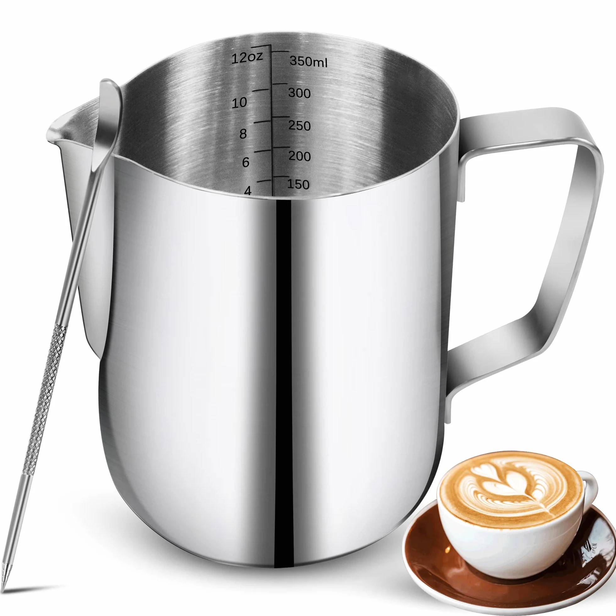 Jarra de espuma de leche de acero inoxidable de 350 ml con pluma de decoración, taza de espumador de café, leche, capuchino, latte, art barista, jarras de vapor-plateado