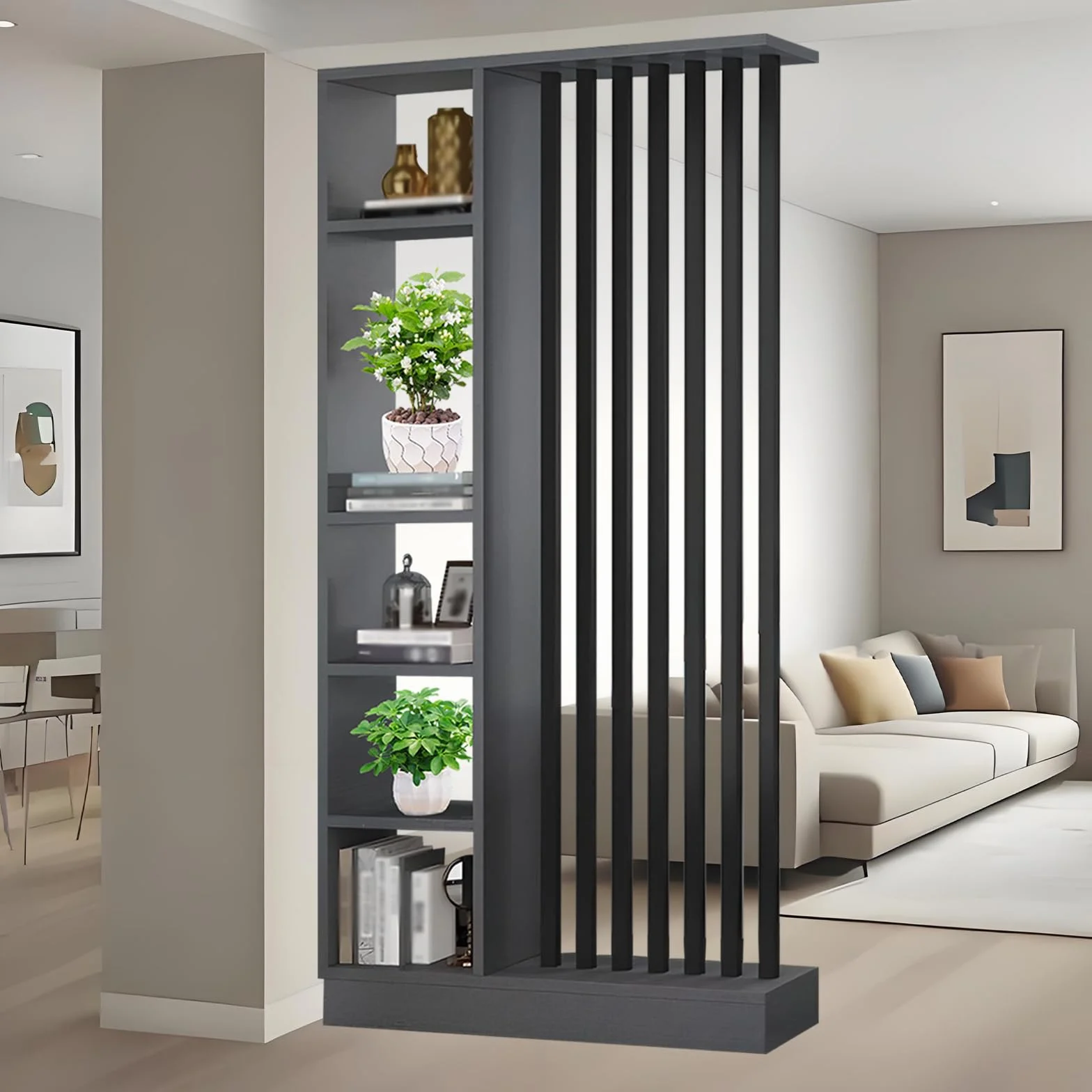 Columna de mampara de partición de Entrada de Piso a Techo - Divisor de Ambiente Independiente con estantes, decoración Independiente de fácil Montaje (A Gray+Black, 100CM/39.4IN)