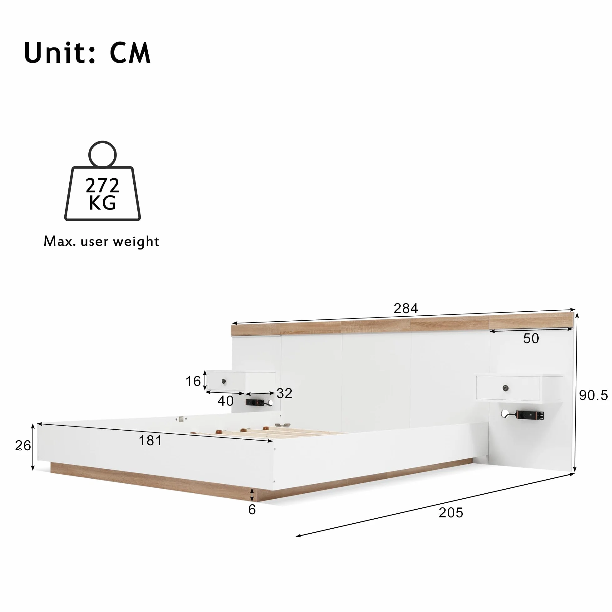 Dolamaní Dormitorio Juego completo 180 x 200 cm, cama doble con 2 mesitas de noche, cama de madera con cabecero y marco de cama, con 2 cajones, blanco (doble*180, con mesita de noche)