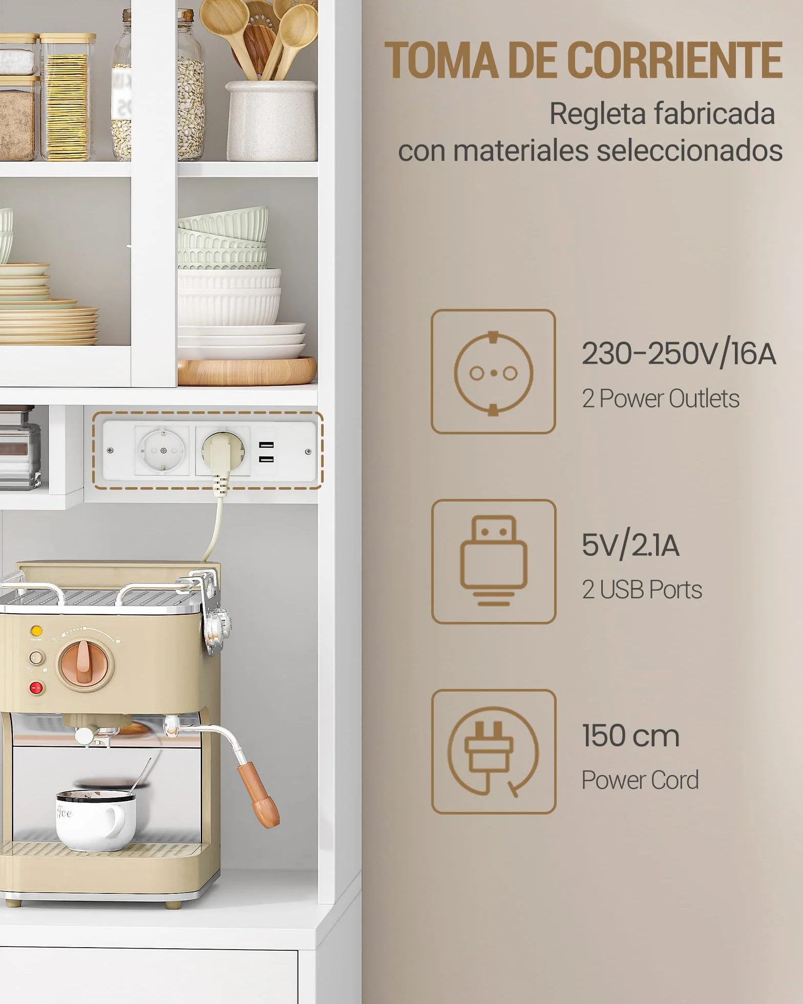 Hzuaneri Alacena de Cocina, Aparador Comedor con Iluminación Led y Regleta Eléctrica, Encimera, 3 Cajones, Estantes Ajustables, para Cocina o Comedor, 40 x 100 x 185 cm, Blanco 0110203XEU