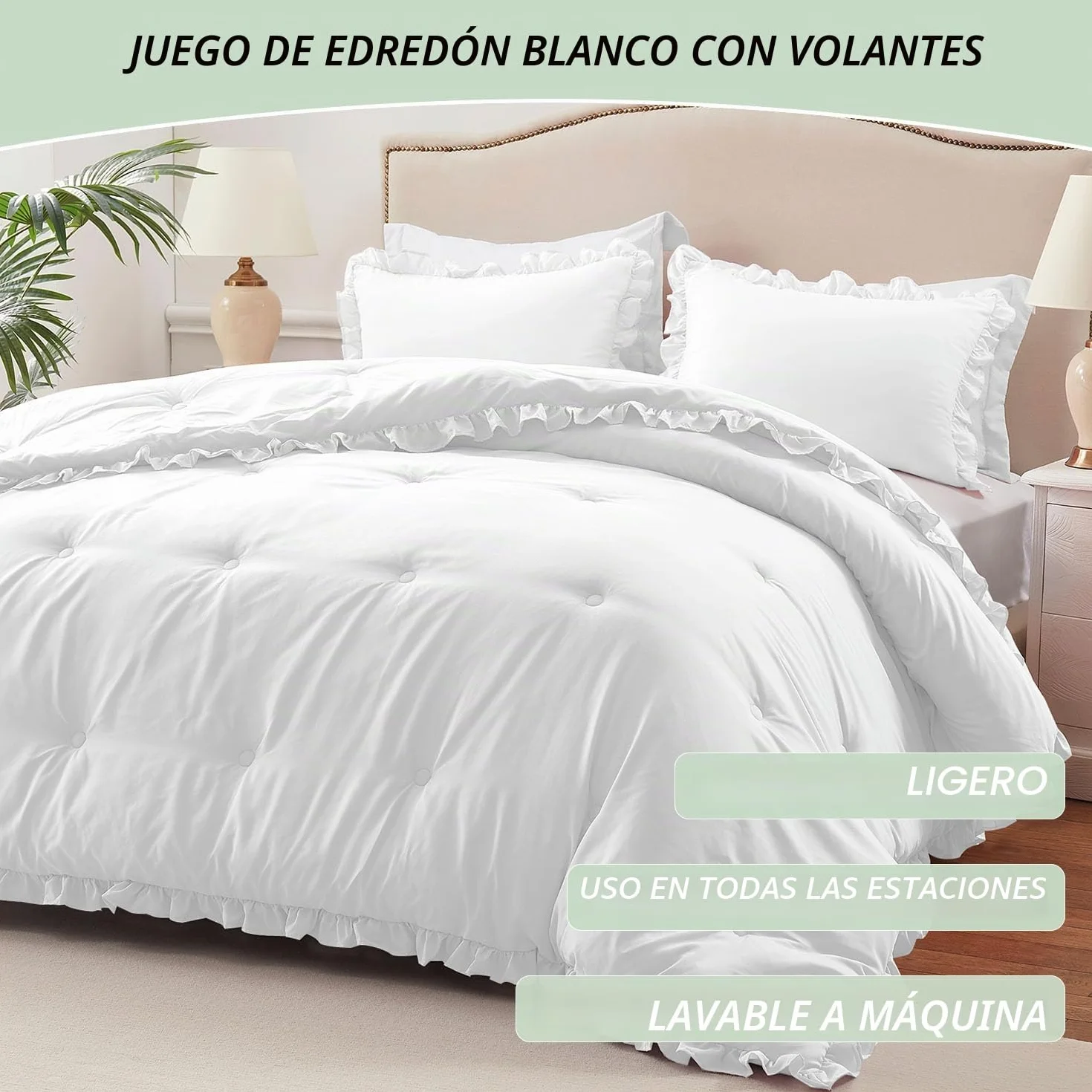 HARBOREST - Edredón matrimonial con volantes blancos para cama de tamaño matrimonial, juego de edredón esponjoso para todas las estaciones, juego de cama de 3 piezas Shabby Chic (1 edredón y 2 fundas