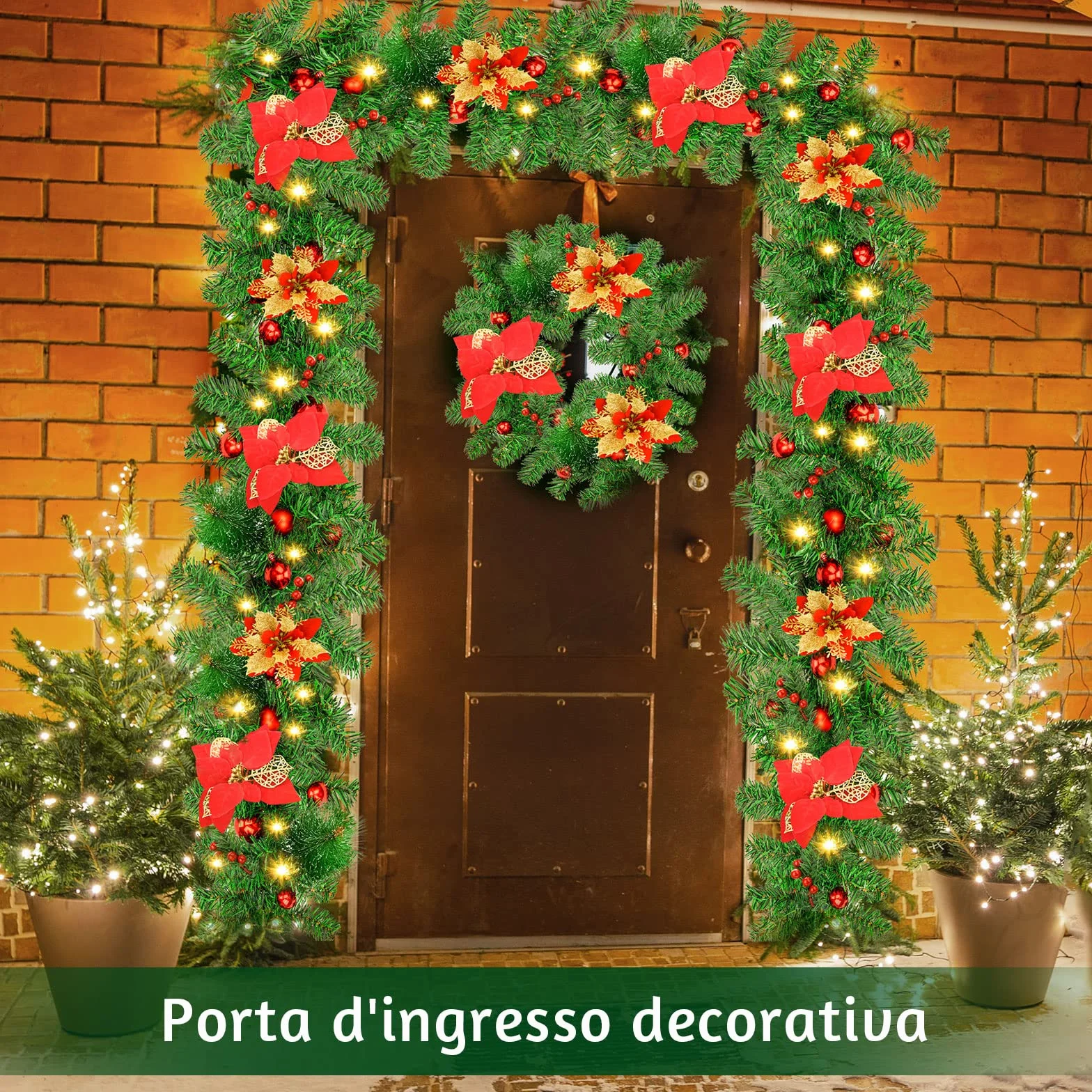 Guirnalda Navidad, Corona navideña de 2,7 m, 200 Ramas, con Bayas Rojas y Agujas de Pino Blanco,Decoracion Navidad para Chimenea con escalones de jardín (Rojo)