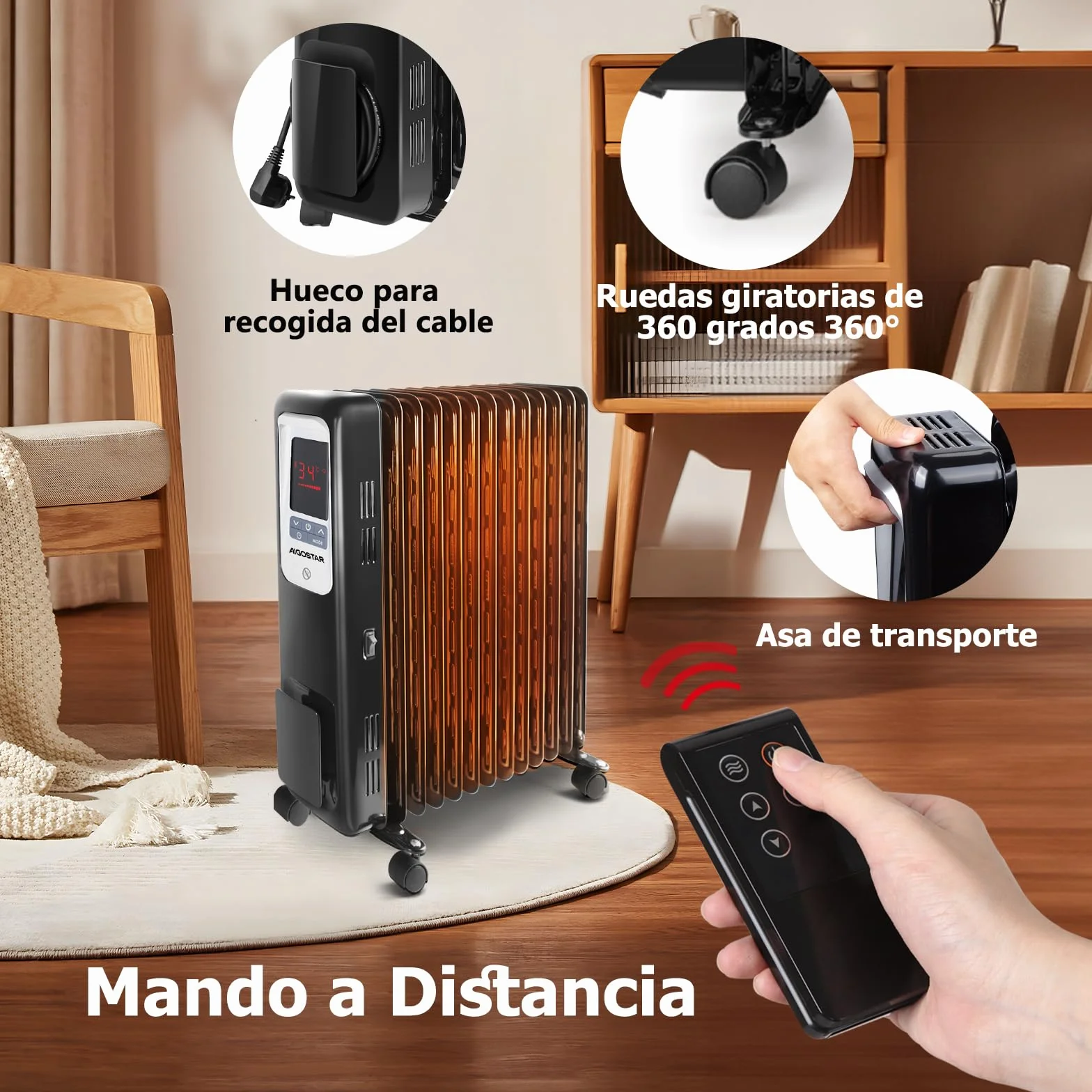 Aigostar Radiador de Aceite Portátil de 13 Elementos, Pantalla de Control LED, Mando a Distancia, 3 Modos y Función Eco, Silencioso, 2500W, Recomendado para Estancias de 25 m2, Oil Monster