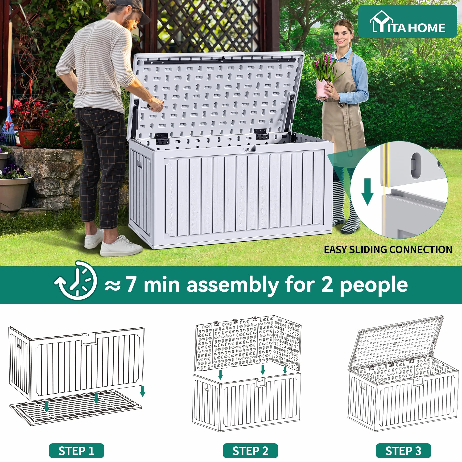 YITAHOME Caja de almacenamiento de jardín 303L exterior resina polietileno alta densidad con tapa cerradura
