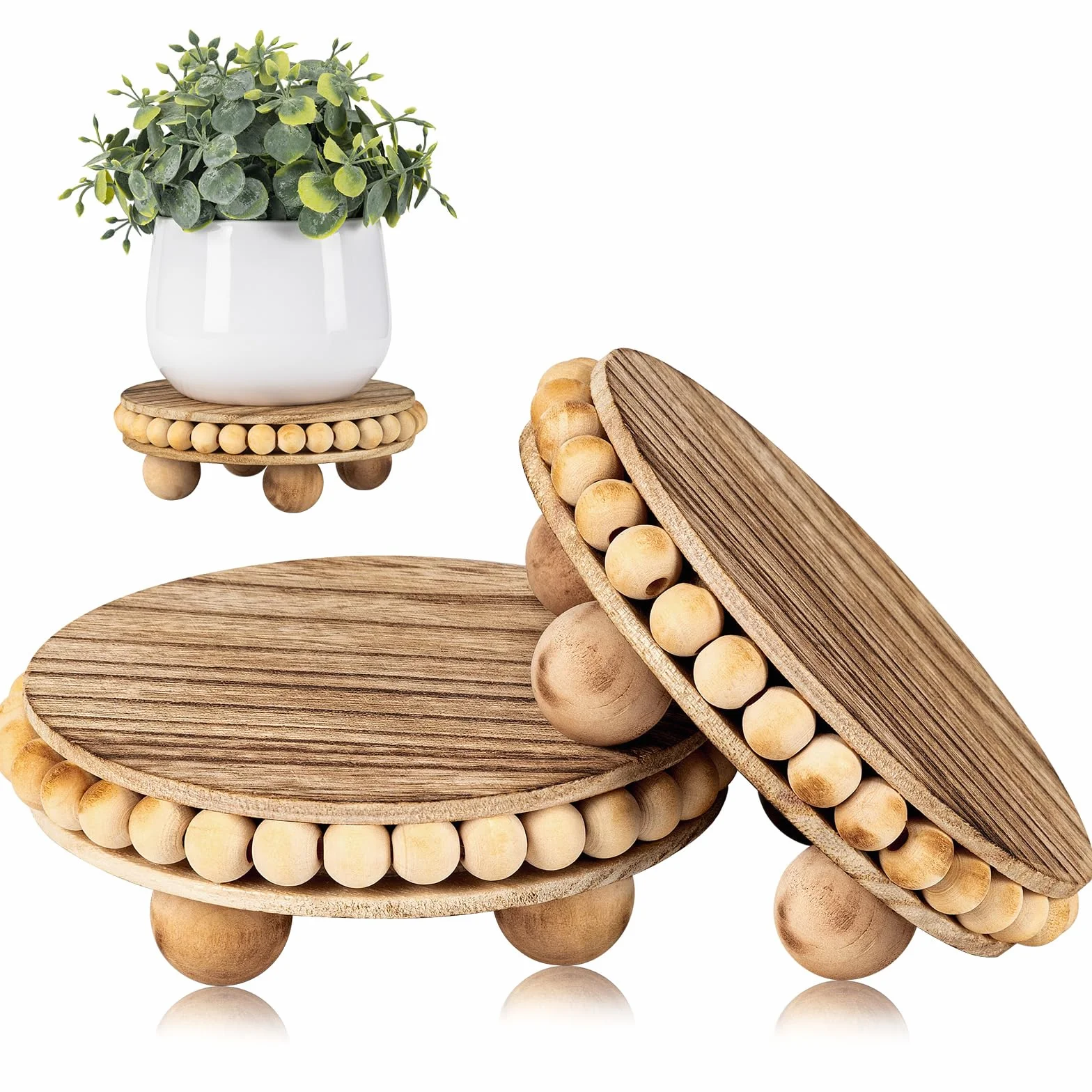 HouseJoy 2 elevadores de madera para exhibición decorativa, elevador de cuentas redondas envejecido para decoración, posavasos de madera de granja, mini soporte para tartas, soporte de pedestal