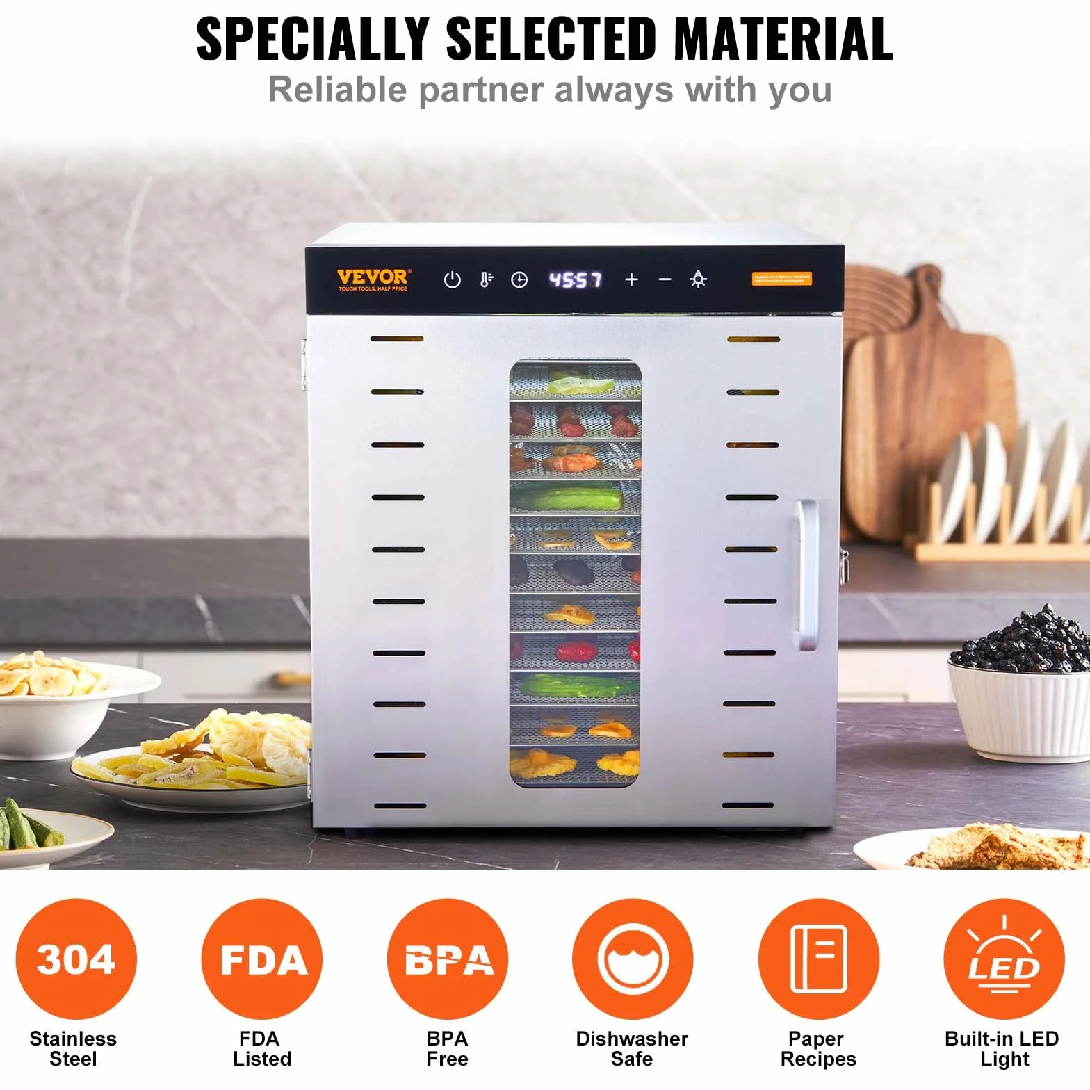 VEVOR Máquina Deshidratadora de Alimentos 10 Bandejas Acero Inoxidable 1000 W Temperatura Ajustable 30-90 °C Temporizador 0,5-48 h