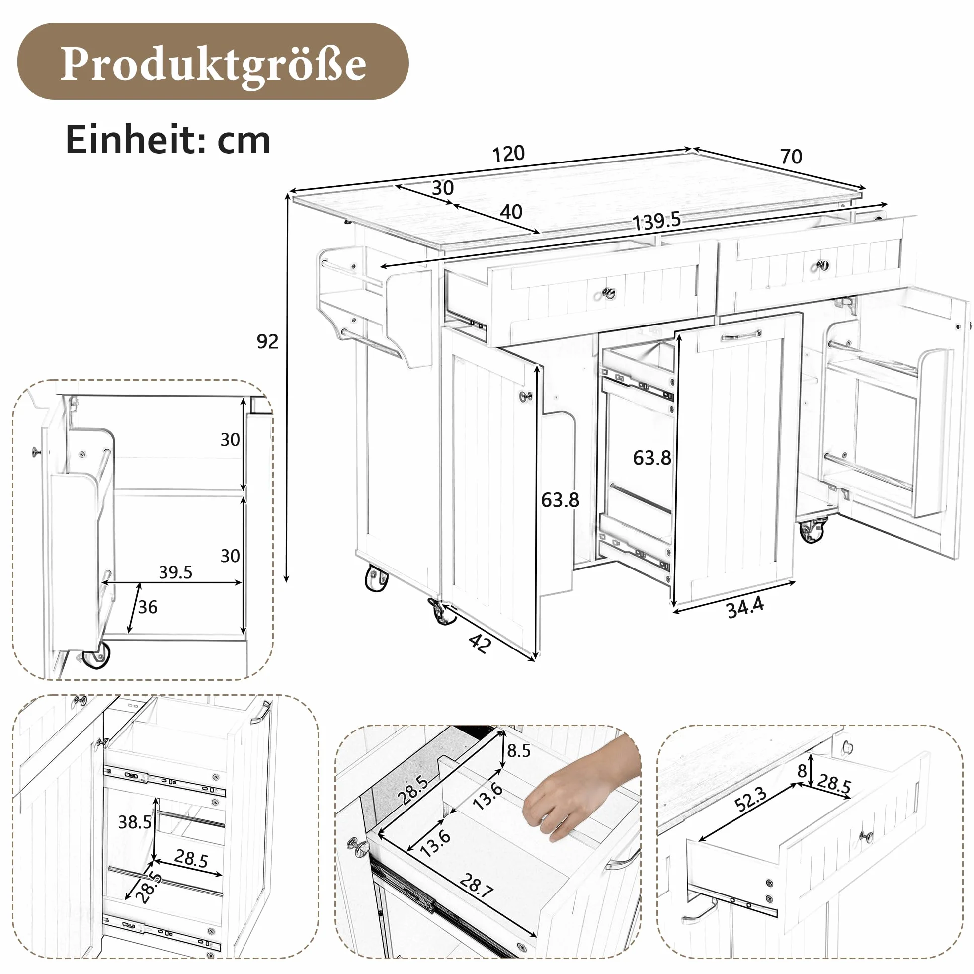 Isla de cocina con ruedas, extensible para comedor, isla de cocina con cajones multifunción, ideal para cocina y comedor (blanco)
