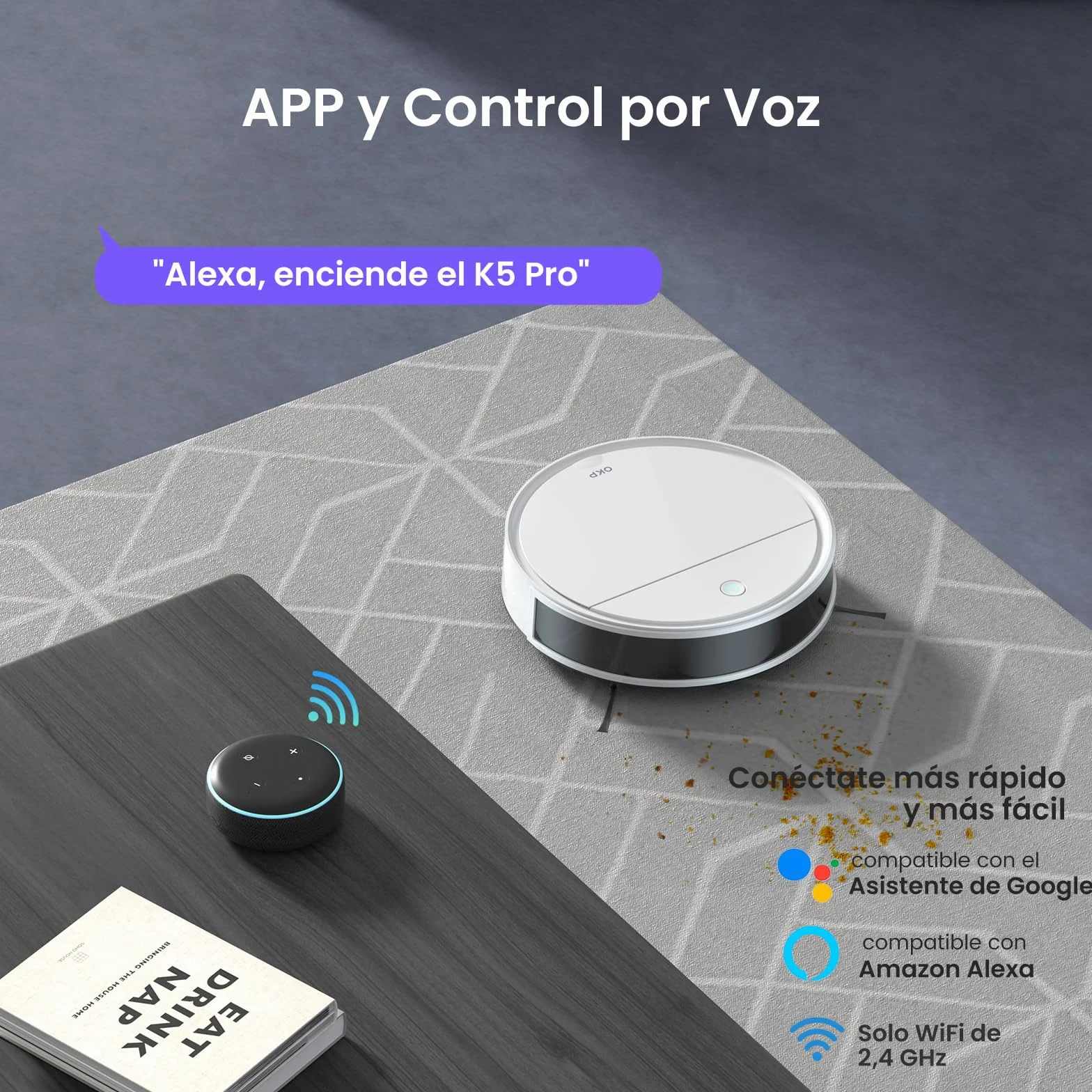 OKP Robot Aspirador y Fregasuelos, 5000pa, 180min, 190° PSD Evitación Precisa Obstáculos, Carga Automática,Aumenta Succión en Alfombra, Robot Aspiradora con 4 Modos de Limpieza, WiFi/App/Alexa