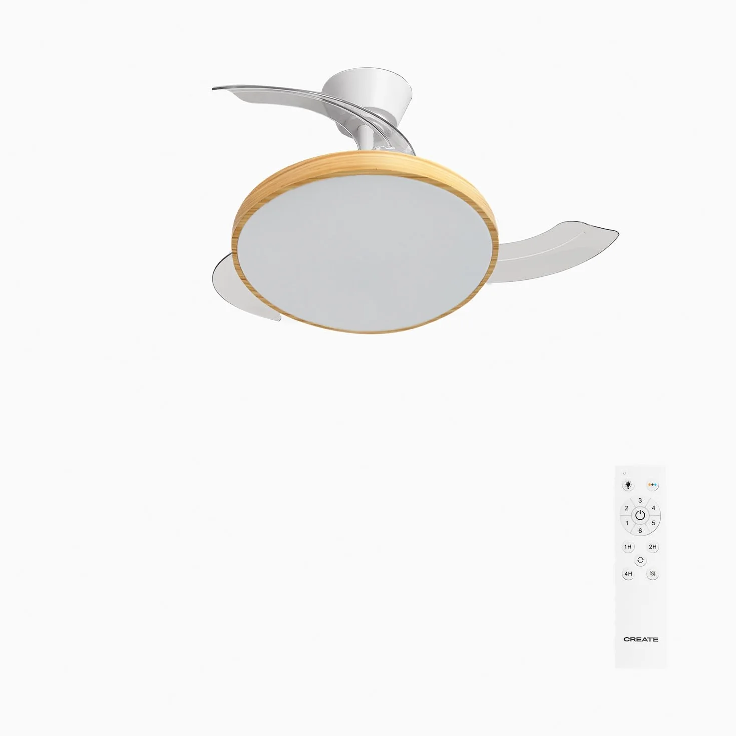 CREATE WIND CLEAR STUDIO S Ventilador de techo con luz blanco madera clara 40W Ø 91 cm aspas retráctiles temporizador