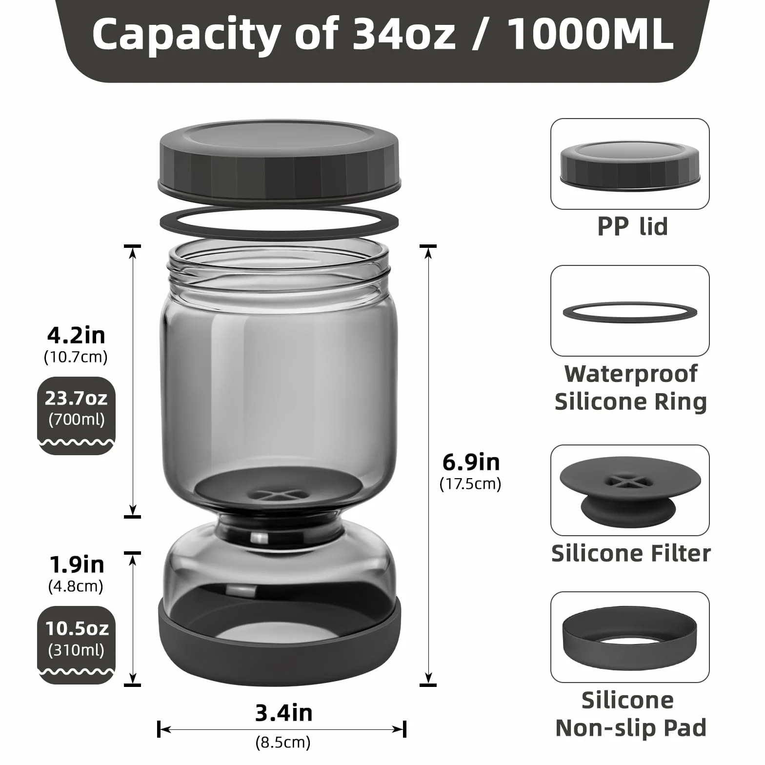 WhiteRhino Tarro de pepinillos con colador Flip,1L Recipiente de para pepinillos con doble a prueba de fugas,Tarro de cristal separador de jugo de pepinillos Flip Pickle y Olive Hourglass Jar(Gris 1L)