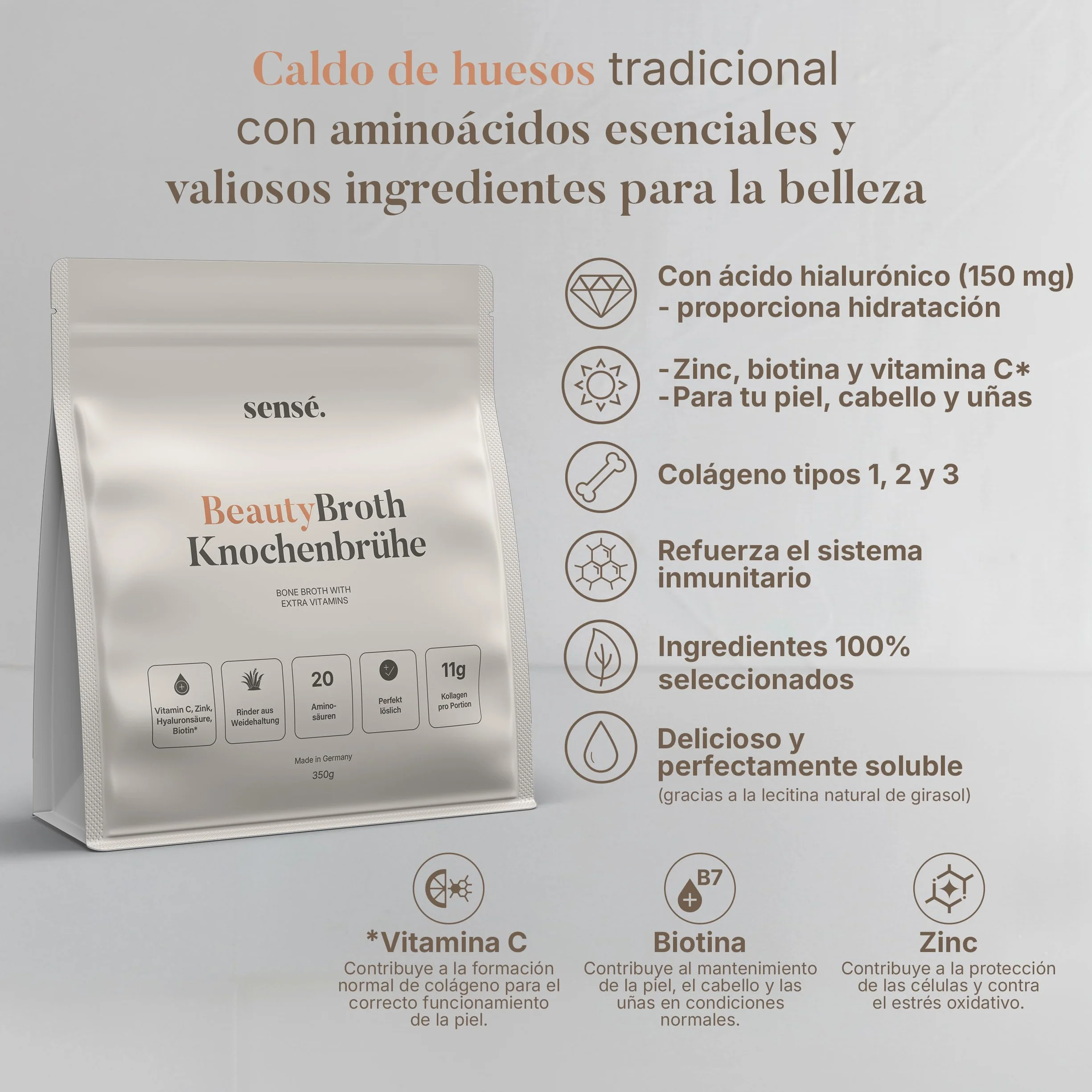 Polvo de caldo de huesos Weiderind bioactivo 350 g colágeno tipos 1,2,3 vitamina C zinc biotina ácido hialurónico