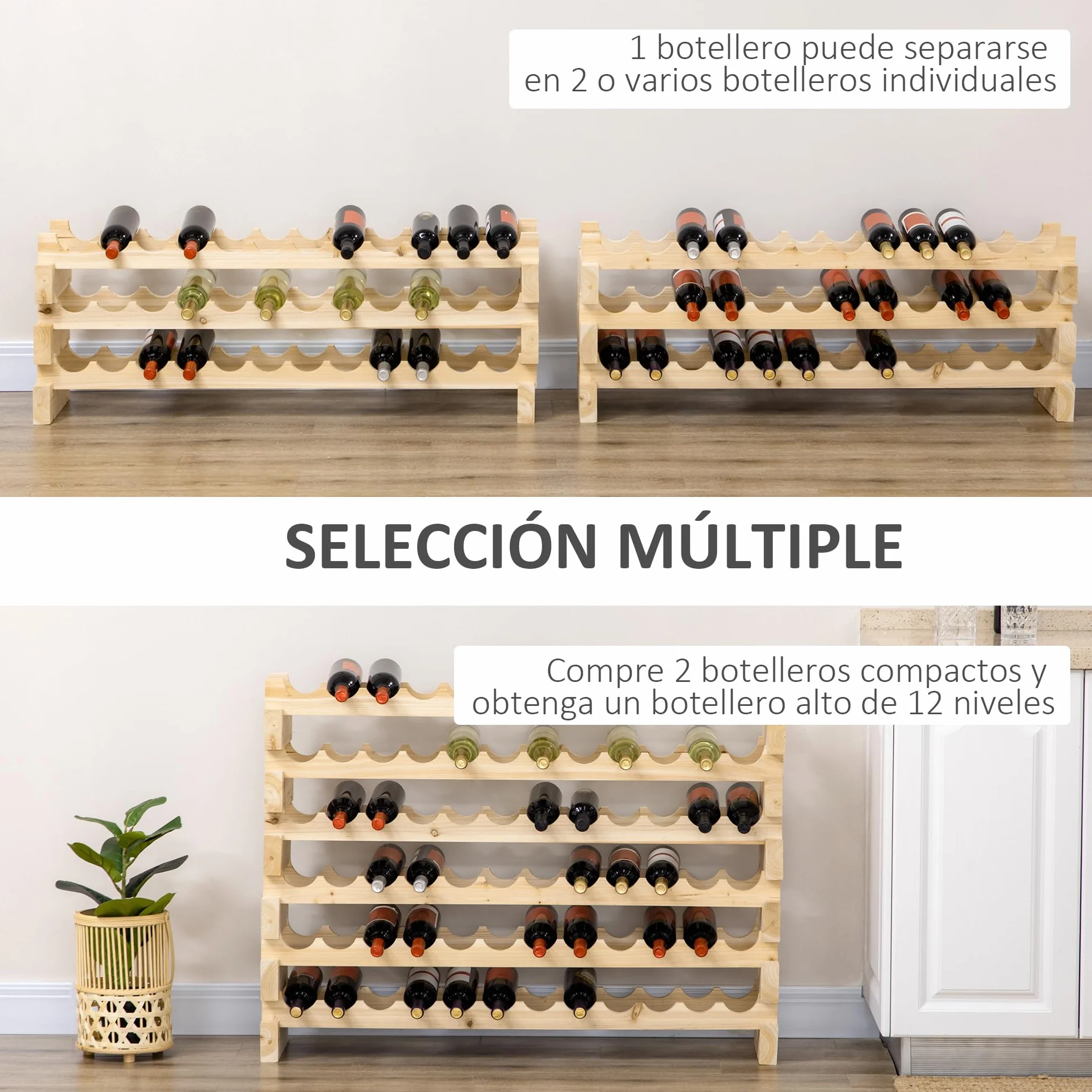 HOMCOM Botellero Vino 72 Botellas de Madera de 6 Niveles Botellero Vertical Carga 100 kg para Cocina Comedor Bar 114x28x85 cm Madera Natural
