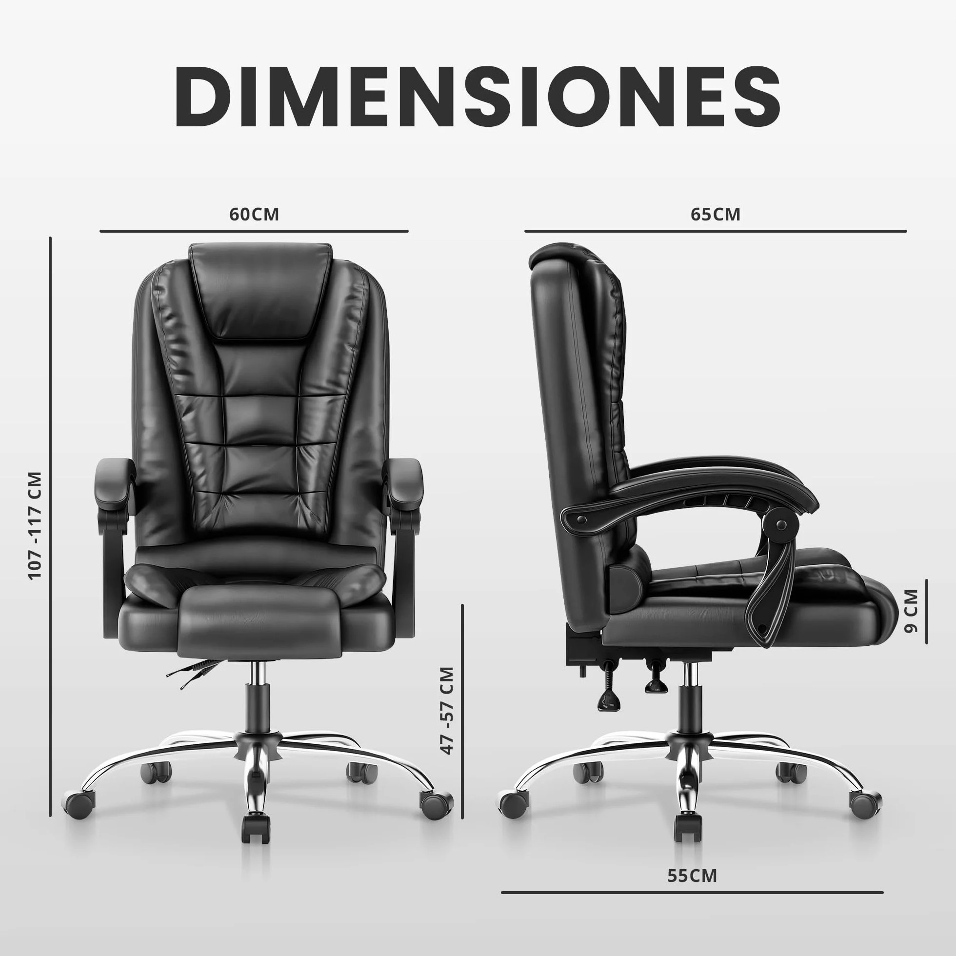 JUPPLIES Silla de Oficina Reclinable con Cojín Lumbar Masajeador, Respaldo Alto de PU Acolchado, Altura Ajustable, Ruedas Silenciosas (Negro)