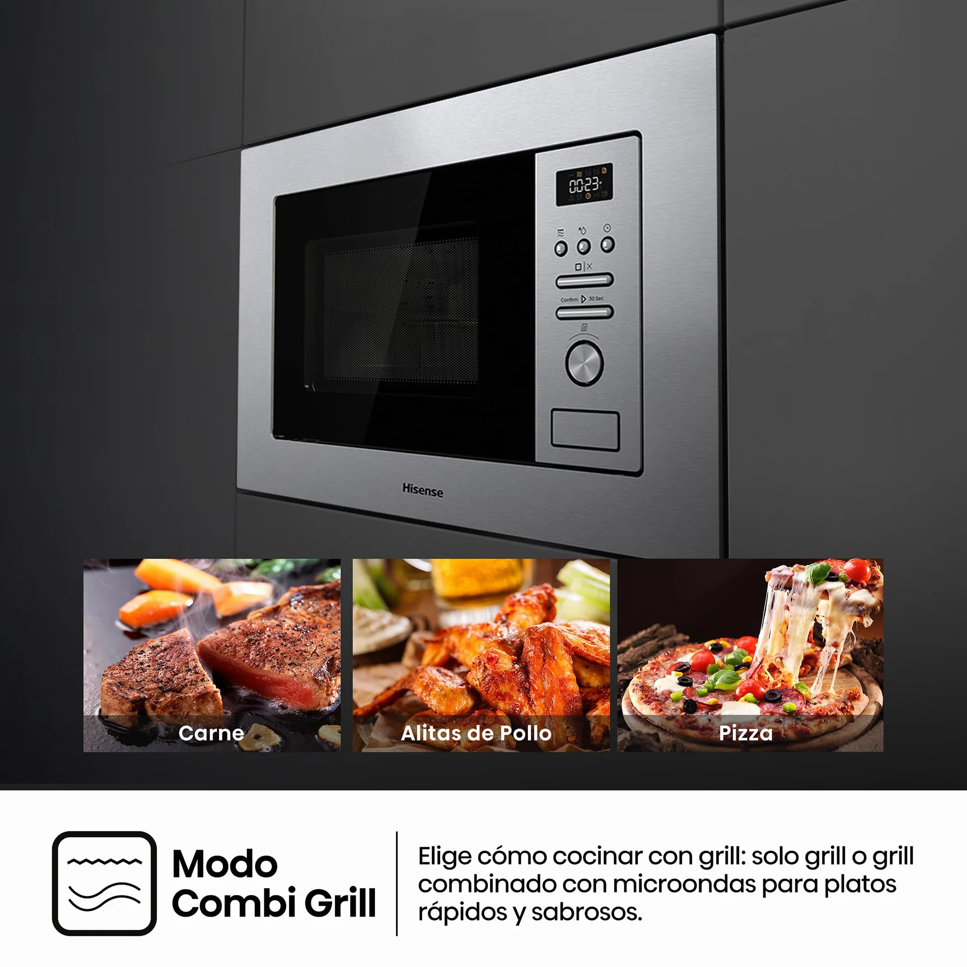 Hisense BIM320G41X - Microondas Integrable, 1000W, 20L, Alto 38.8cm x Ancho 59.5cm, Color Inox, 5 Niveles de Potencia, 15 Programas Preestablecidos, Grill Combo, Descongelar por Tiempo o Peso