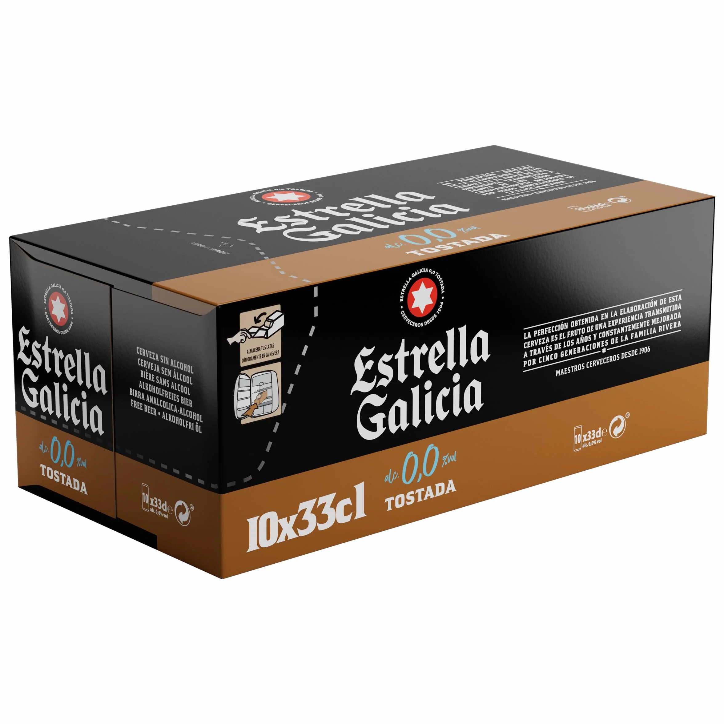 Estrella Galicia 0,0 Tostada Cerveza Lager sin Alcohol Frigopack 10 Latas x 33 cl