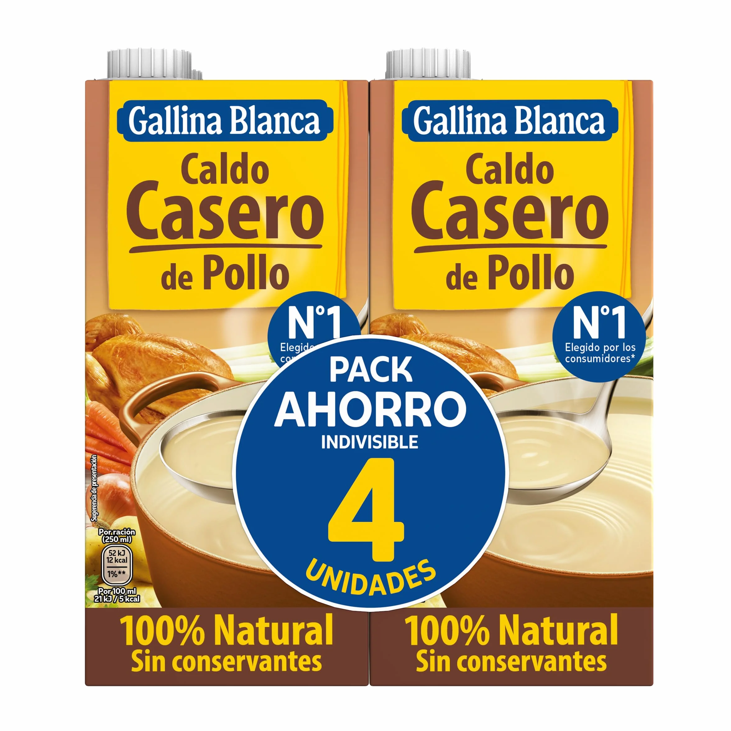 Gallina Blanca Caldo Casero de Pollo 100% Natural 1L Paquete de 4