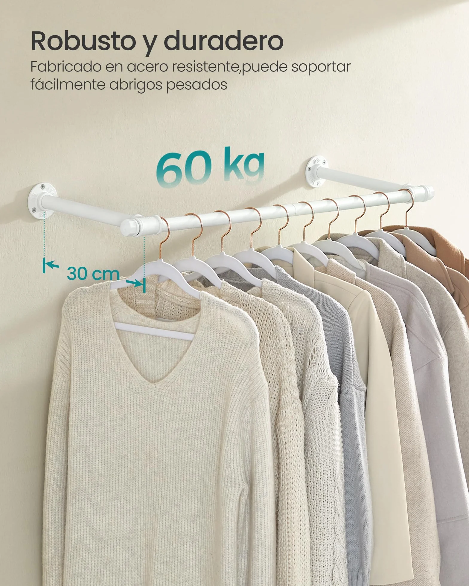 SONGMICS Juego de 2 Percheros de Pared, Colgador de Pared, Estilo Industrial, Ahorro de Espacio, 30 x 84 x 7 cm, Carga de 60 kg, Montaje Fácil, Acero, Blanco Nube HSR140W02