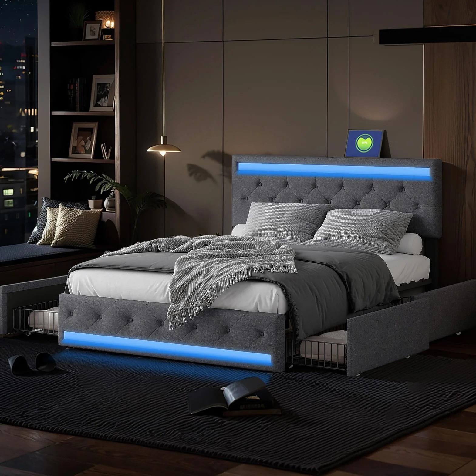 KeepGoon Cama Doble de 180 x 200 cm, Cama Acolchada con 4 cajones de Hierro, Largo Puerto USB y Barra para lámpara de Noche, Cama de Almacenamiento, con somier, Tela de Lino, cabecero Ajustable