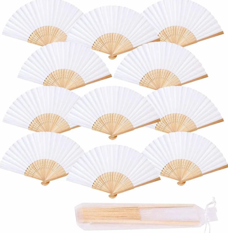 iZoeL 12 Abanicos Blanco Boda Invitados Mano, Abanicos de Papel Plegables con Varillas de Madera, Incluye 12 Bolsas de Organza, Detalles Bodas Invitados Fiesta Verano
