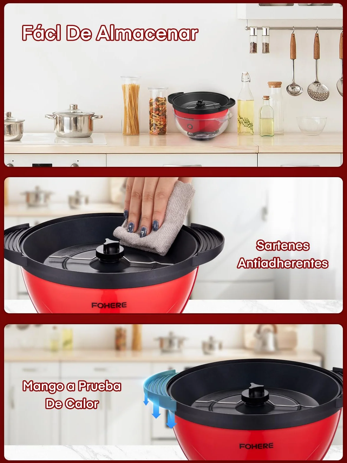 FOHERE Máquina de Palomitas Casera 3,5 Litros Antiadherente Agitación Automática