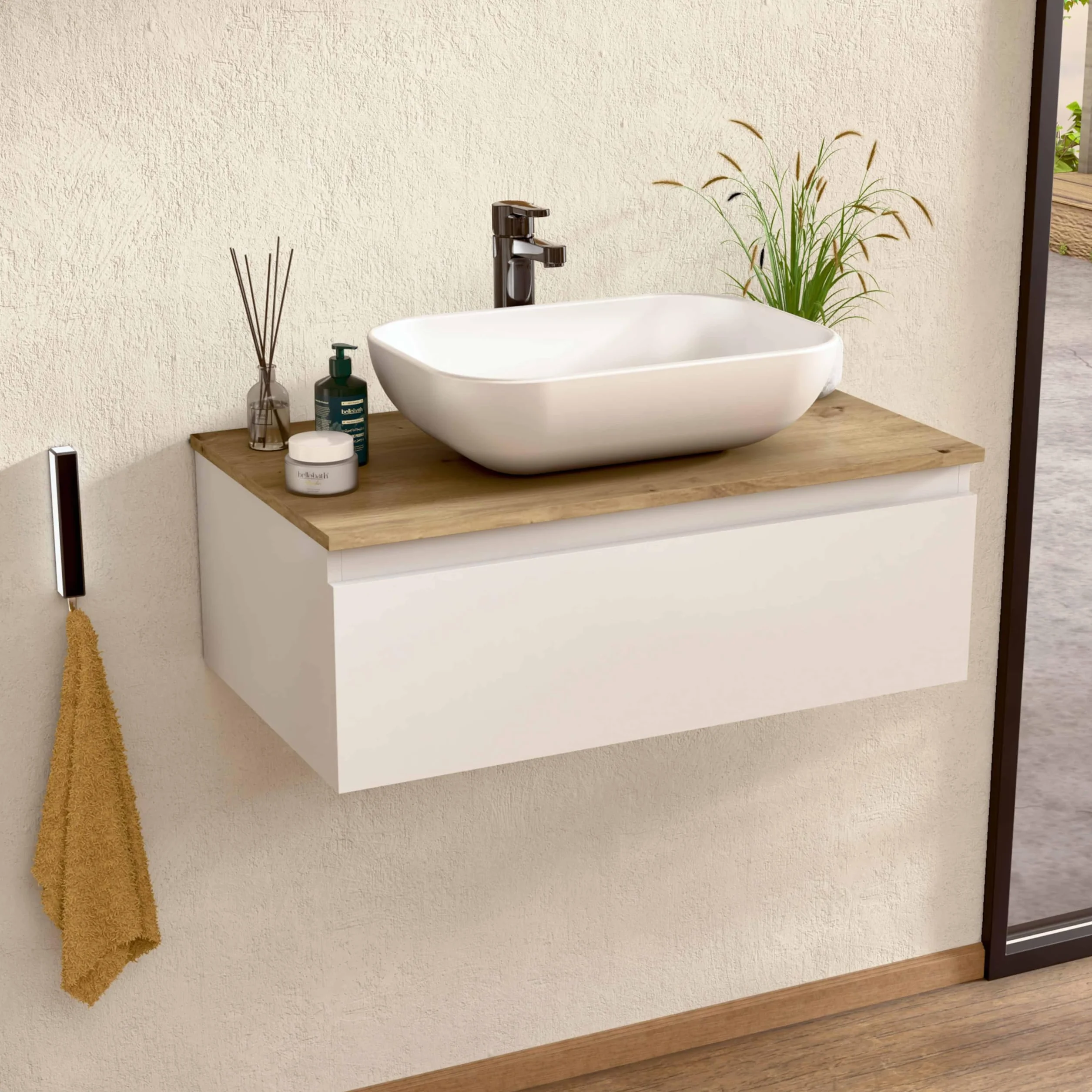 BELLOBATH - Mueble Baño Suspendido con Lavabo de Cerámica, Mueble Baño con Lavabo Montado con 1 Cajón, 60 x 27 x 46 cm, Mueble Blanco y Tapa Roble