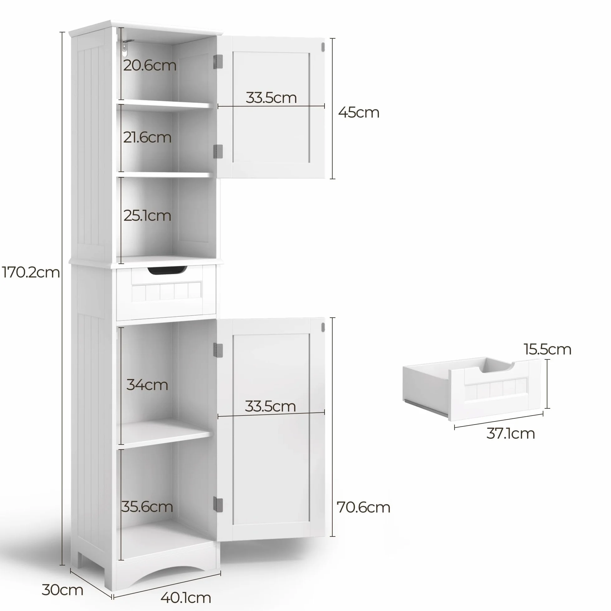 Mueble de Baño Alto 170cm Blanco 30x40cm con Cajón y Puertas Estante Antivuelco