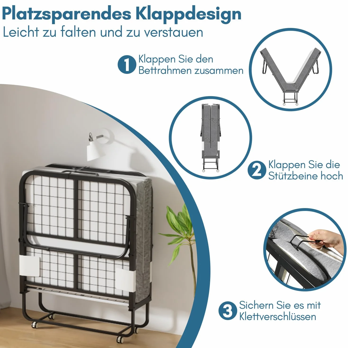 Cama plegable 90x200 cm, cama supletoria, cama plegable con colchón de 13 cm de grosor, 4 ruedas con freno, cama para adultos con capacidad de carga hasta 200 kg, para sala de estar