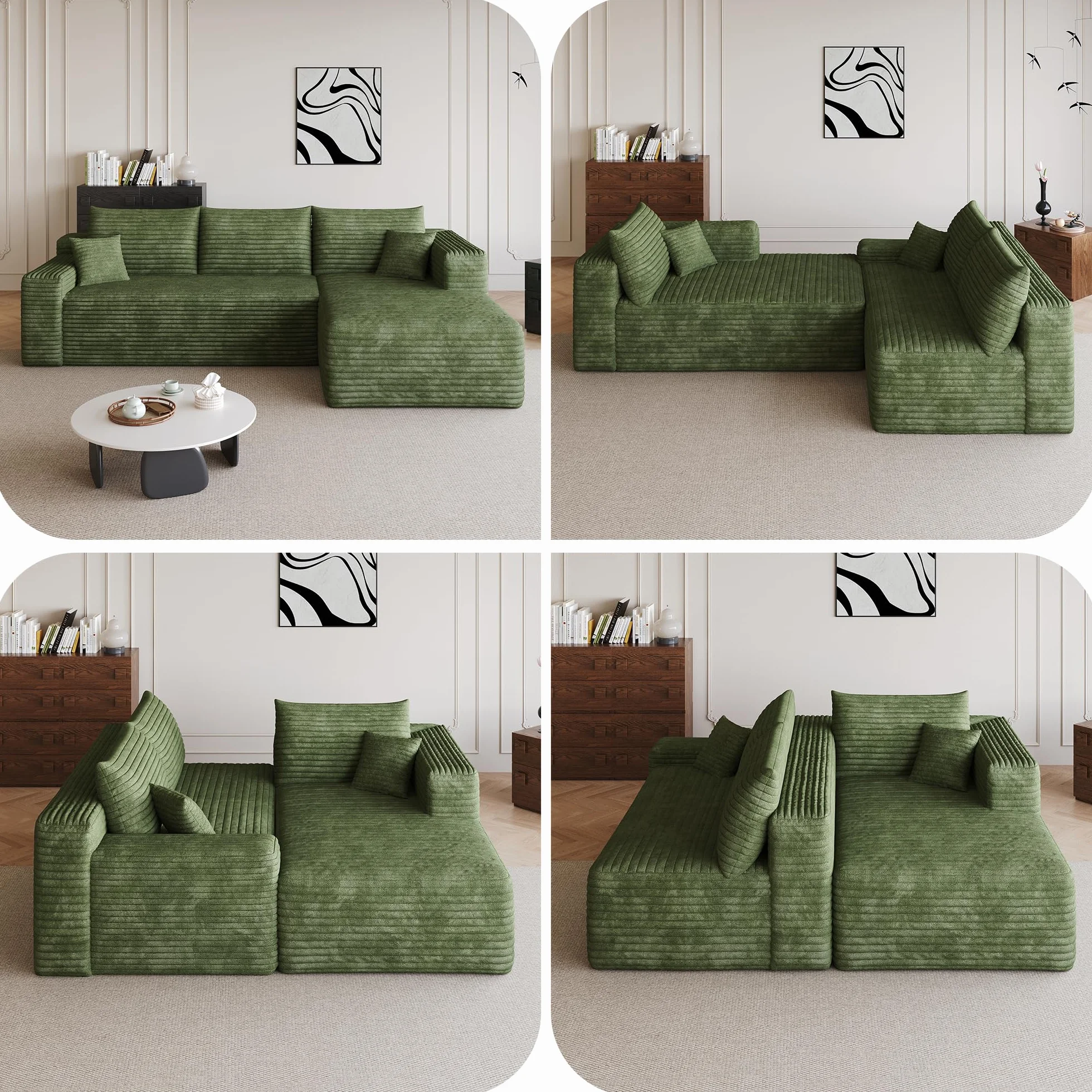 Sapgaks - Sofá esquinero de 241 cm, sofá de 3 plazas de pana con asiento profundo y ángulo integrado, sofá convertible modular, chaise longue orientada a la derecha, verde