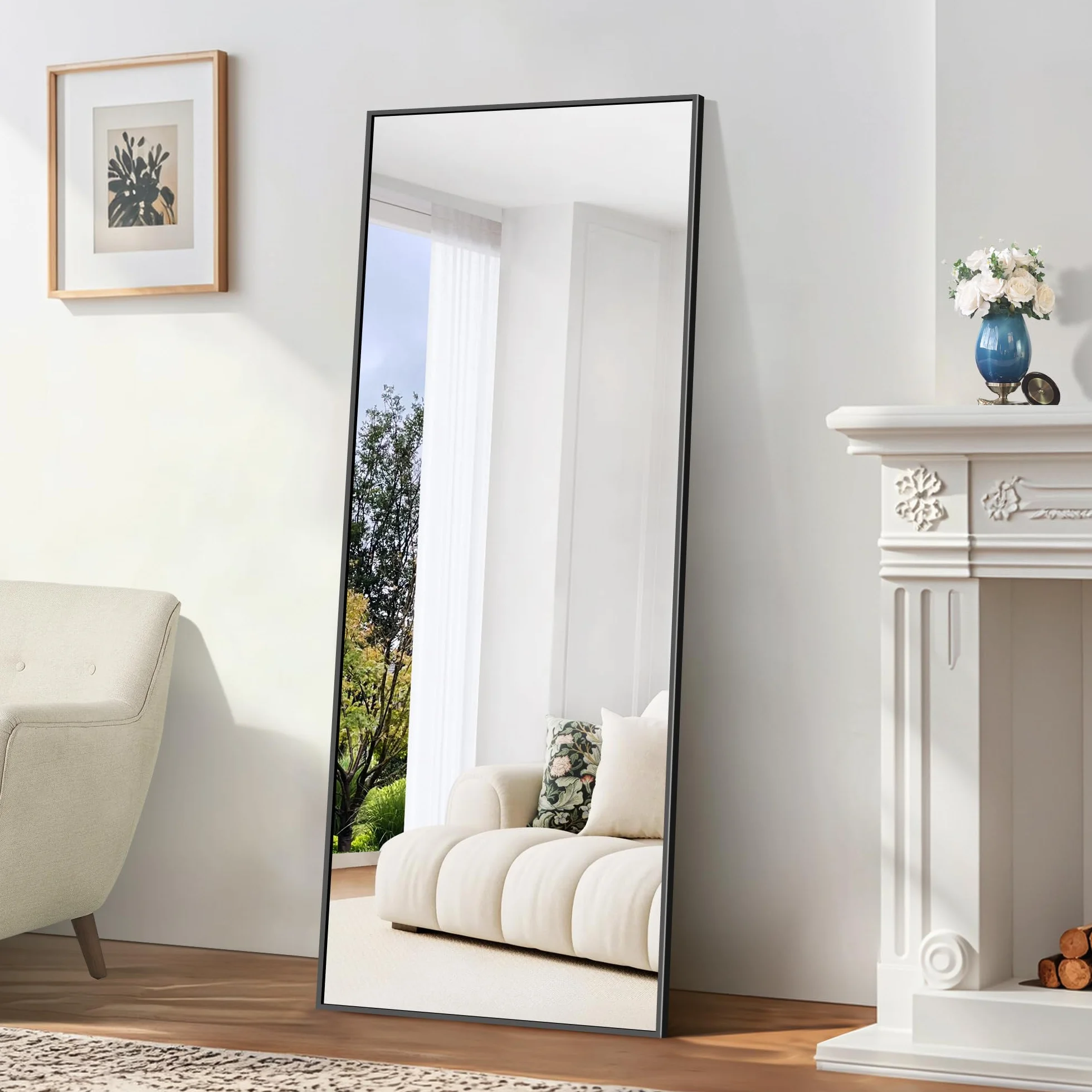 BONEWEI Espejo de Pie 165 x 60 cm, Espejo Rectángulo de Cuerpo Entero con Marco de Aluminio Negro, Espejos Grandes de Pared Inclinado o Colgante para Salón, Dormitorio, Entrada