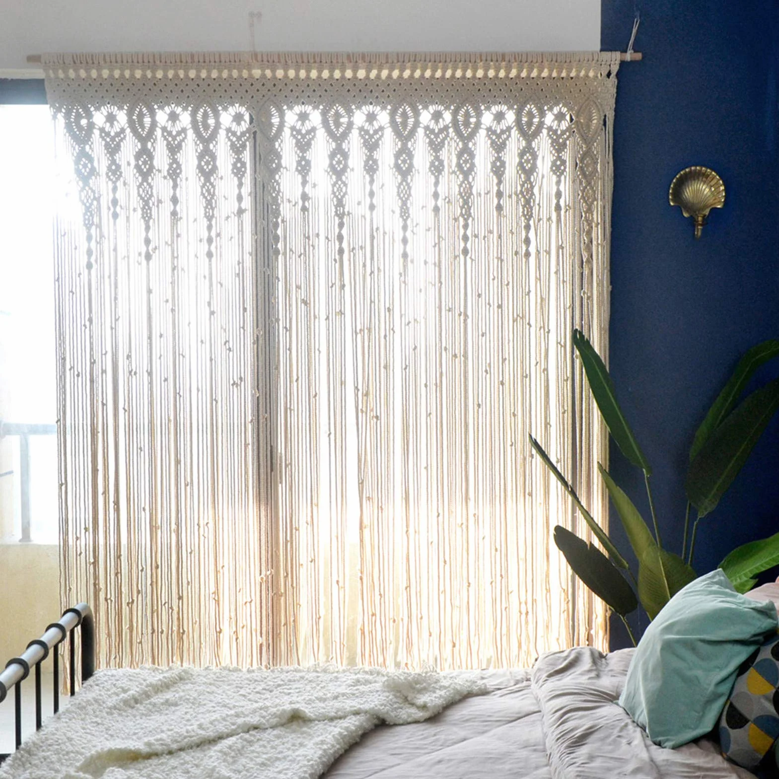 Tapiz de macramé para colgar en la pared, cortina tejida a mano, decoración bohemia