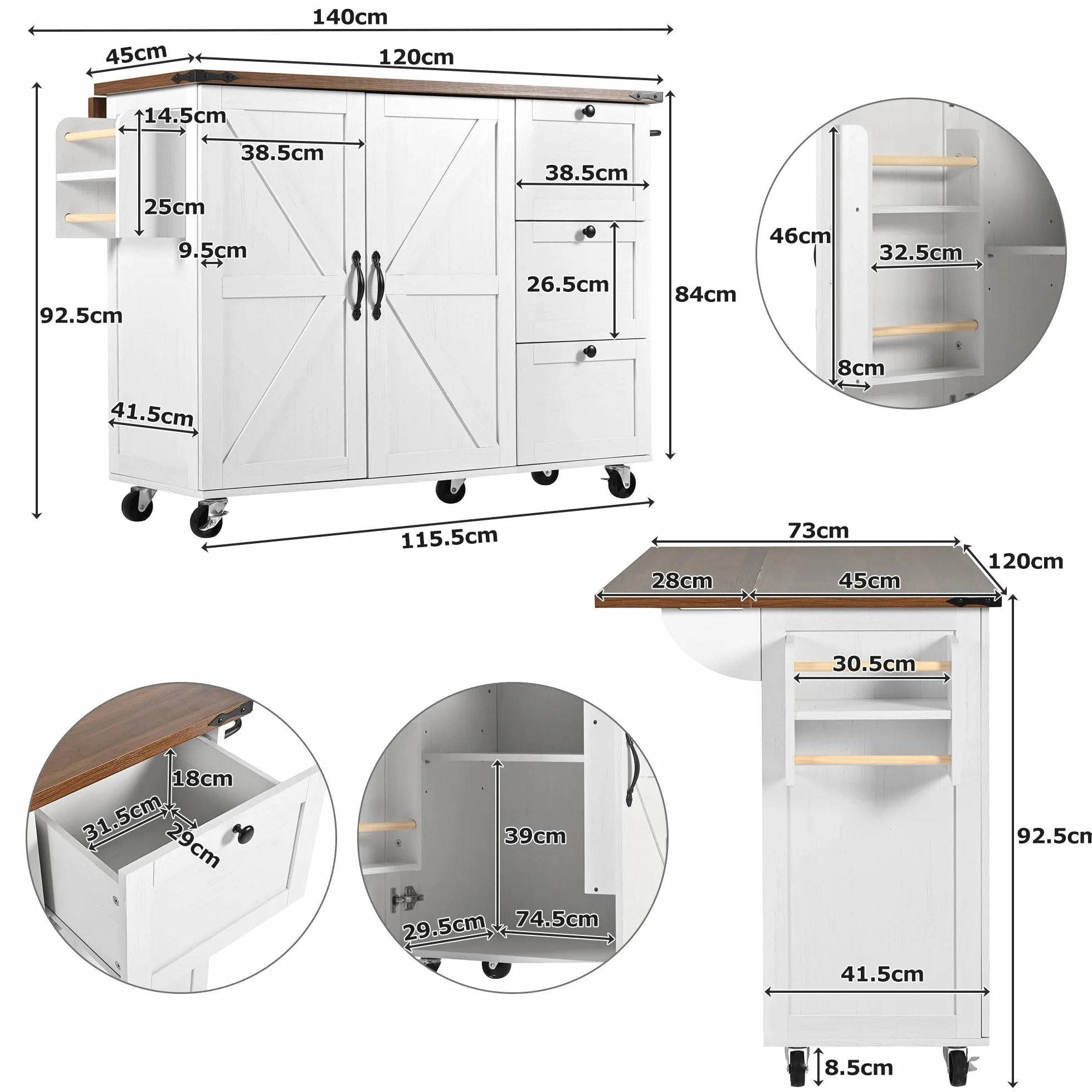 LAKFEW Isla Cocina con Ruedas y Tablero Plegable, Aparador Cocina con 2 Puertas y 3 Cajones, Mueble Auxiliar de Cocina con Estante Ajustable y Toalleros, 140x45(73) x92.5 cm, Beige