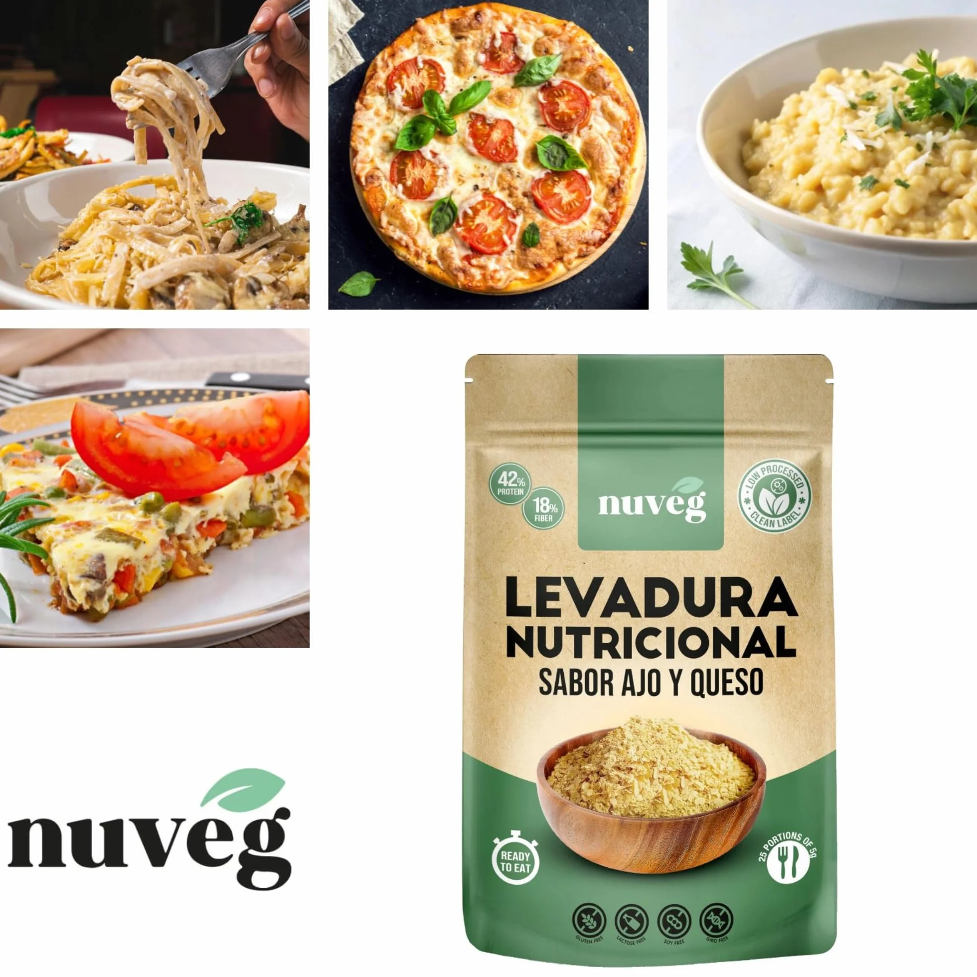 NUVEG Levadura Nutricional Sabor Queso y Ajo, Levadura Nutritiva en Copos, Rica en Vitamina B y Proteínas 42%, Sin Gluten, Pack 2, 250g