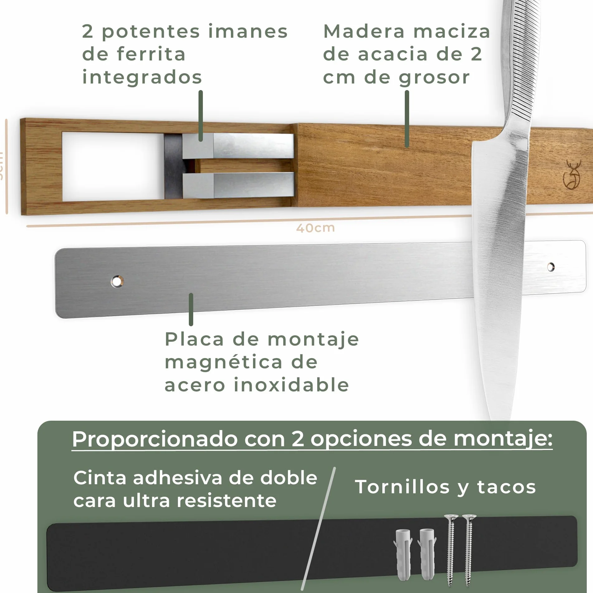WALDWERK Barra magnética para cuchillos de cocina de madera de acacia 40x5 cm
