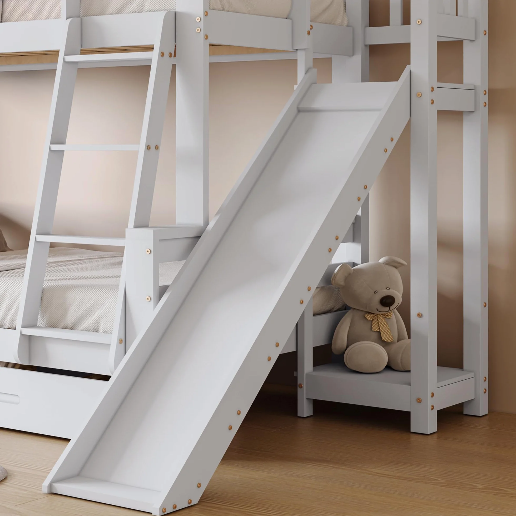 Moimhear litera con ventanas características y escalera basculante de cuatro niveles, cama para niños y madre con tobogán, con dos cajones, estructura de cama de madera maciza, color blanco, 90x200 y