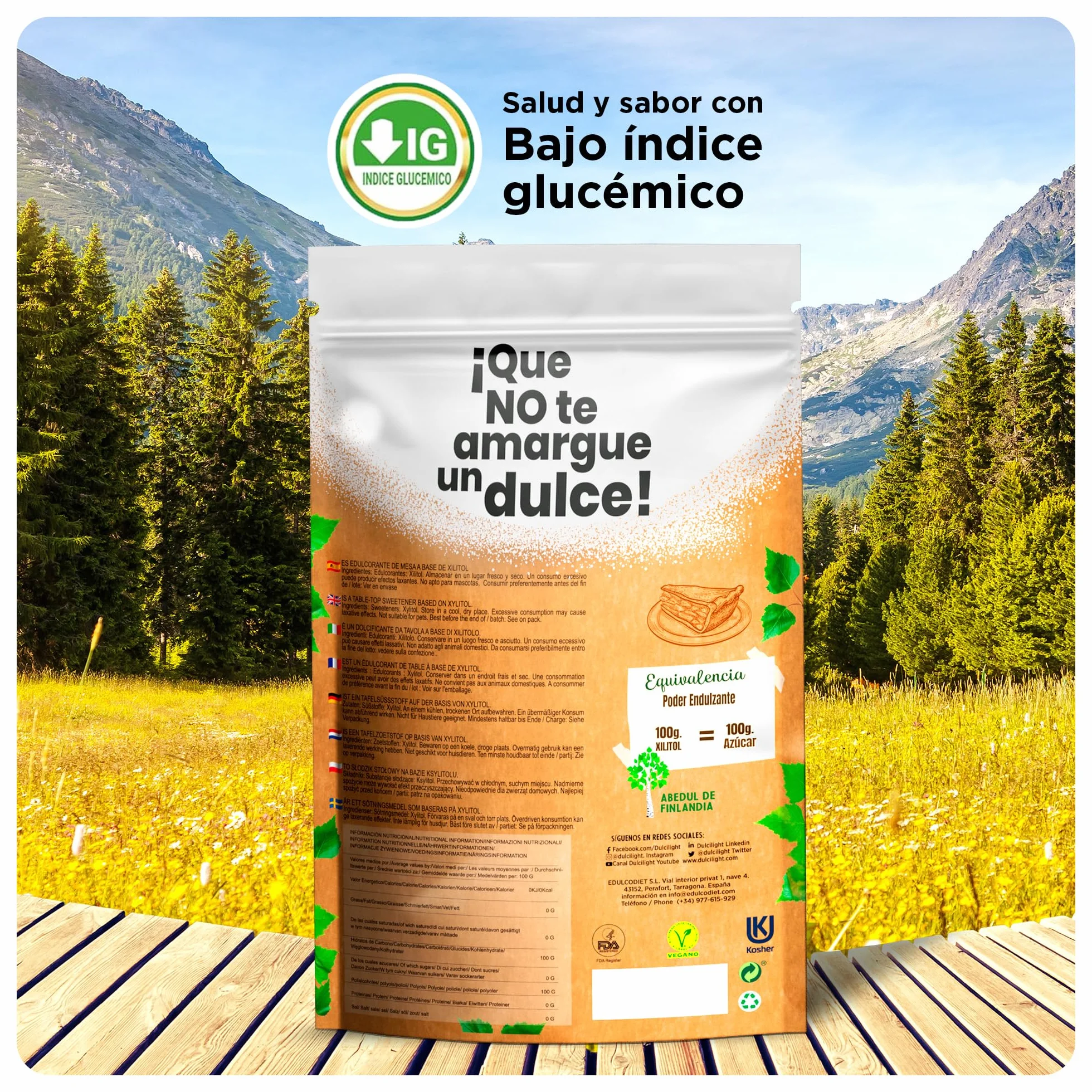 DulciLight Xilitol 1 KG Natural de Abedul Finlandia Sustituto del Azúcar Bajo en Calorías