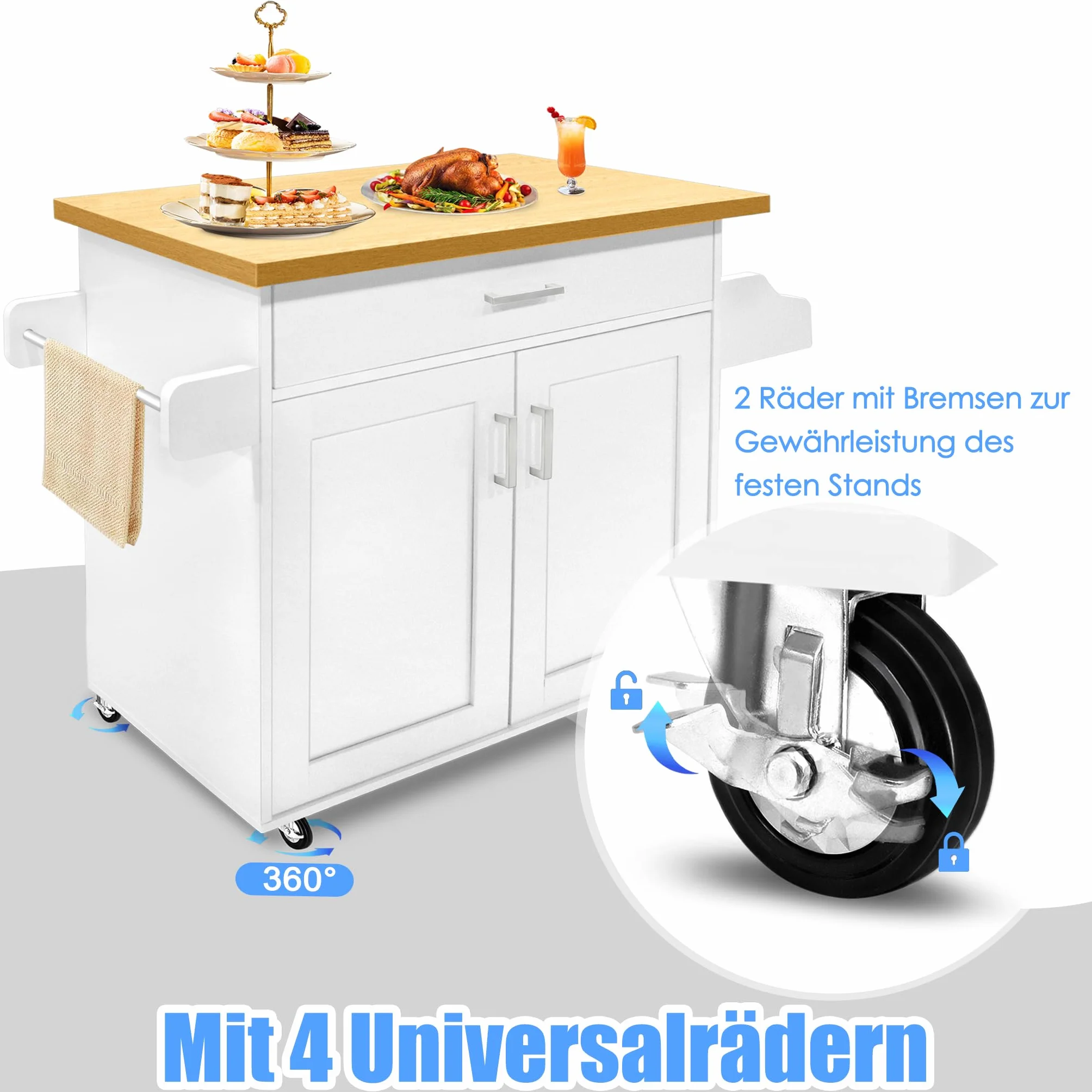 UISEBRT Carro de cocina con encimera, isla de cocina de madera, armario de cocina con ruedas, carrito de servicio con cajón y estante, carrito de cocina en estilo rústico, color blanco