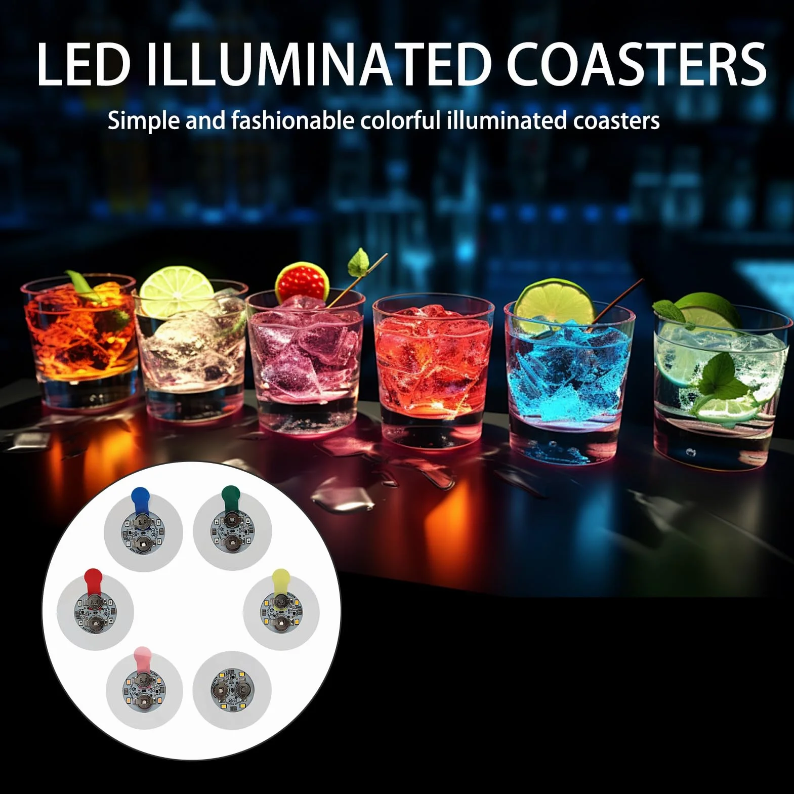 Pegatinas LED Luces Ambientales de 7 Colores, 6 cm Posavasos con 3 Modos, Luminosas Autoadhesivas para Bar, Fiesta, Cerveza, Té, Café