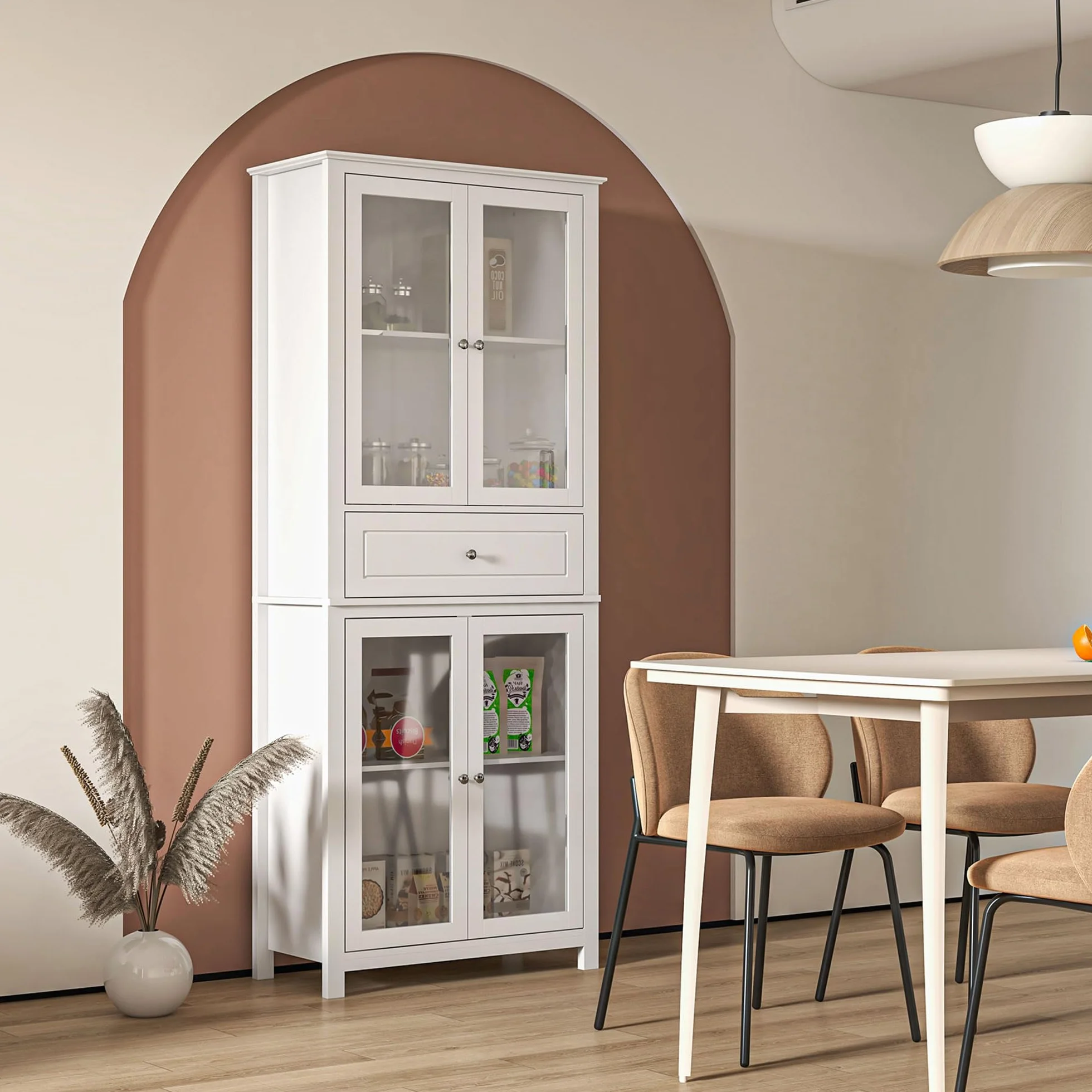 HOMCOM Alacena de Cocina Armario de Cocina con 1 Cajón 2 Estantes Ajustables y 4 Puertas de Vidrio Templado Diseño Clásico para Salón Comedor 74x35,5x181,5 cm Blanco