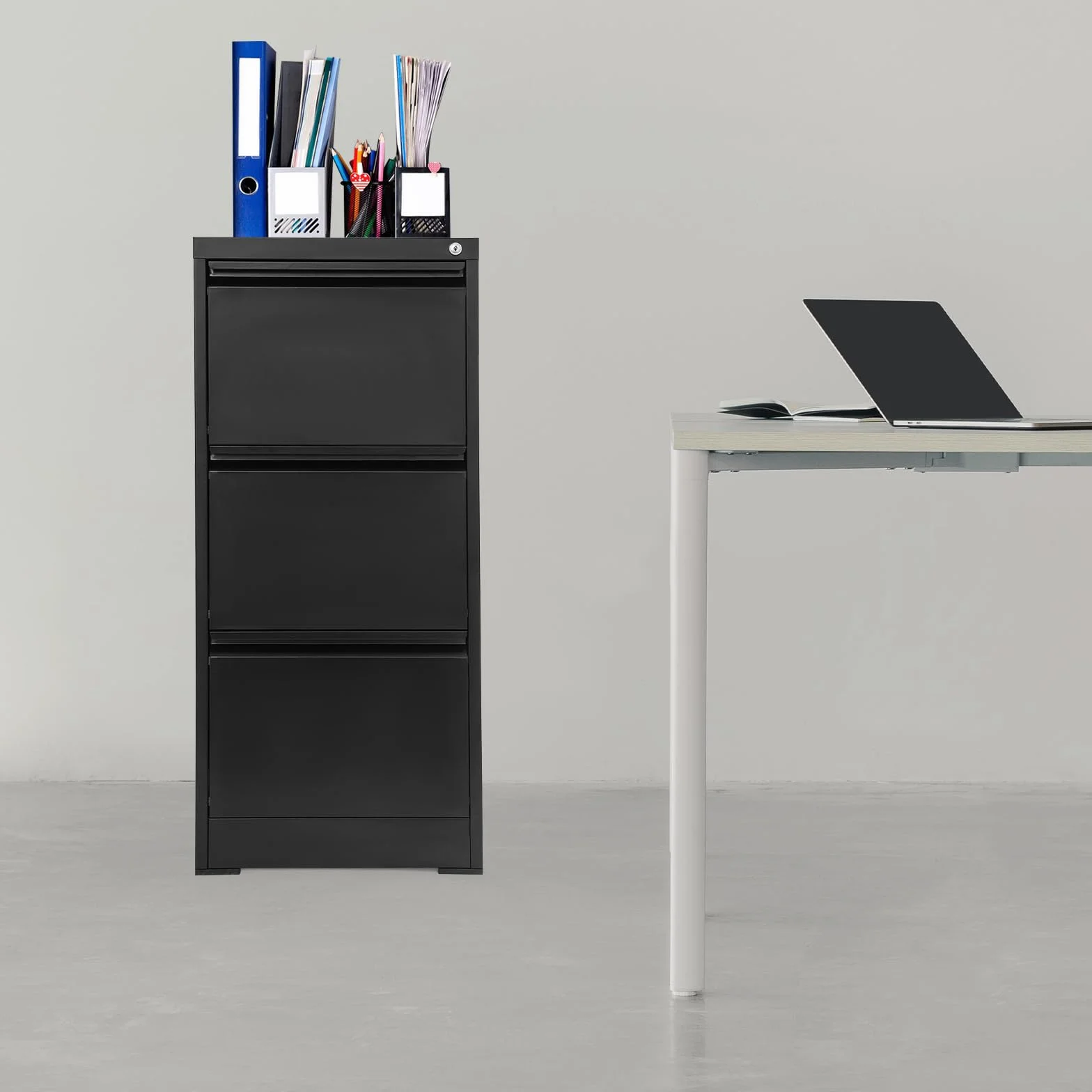 Armario archivador con cerradura | archivador con 3 cajones soporte para impresora, alta capacidad de carga, armario de oficina para A4, oficina en casa, oficina, archivo (46 x 62 x 103 cm