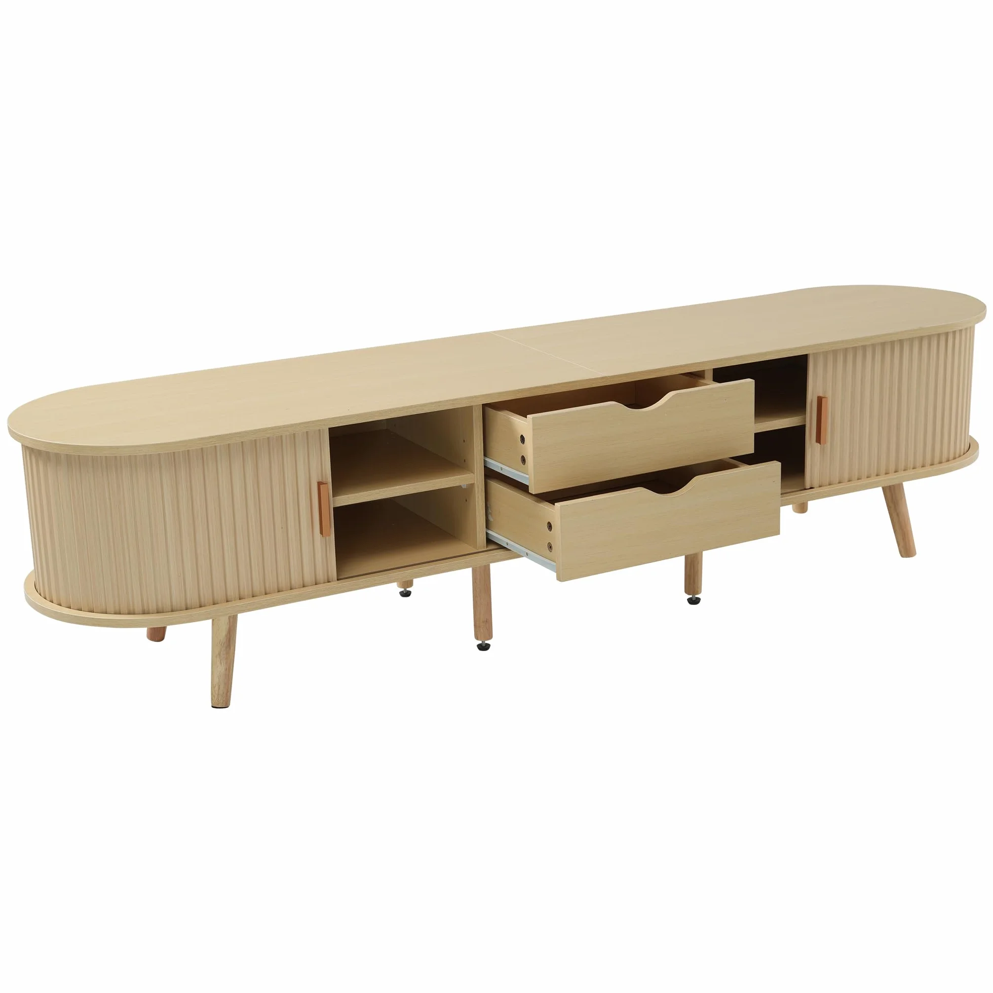 Mueble para TV de salón con espacio de almacenamiento + tablero de fibra de densidad media redonda de grano de madera, 2 cajones, capacidad de carga 30 kg, tamaño 175 x 40 x 42 cm