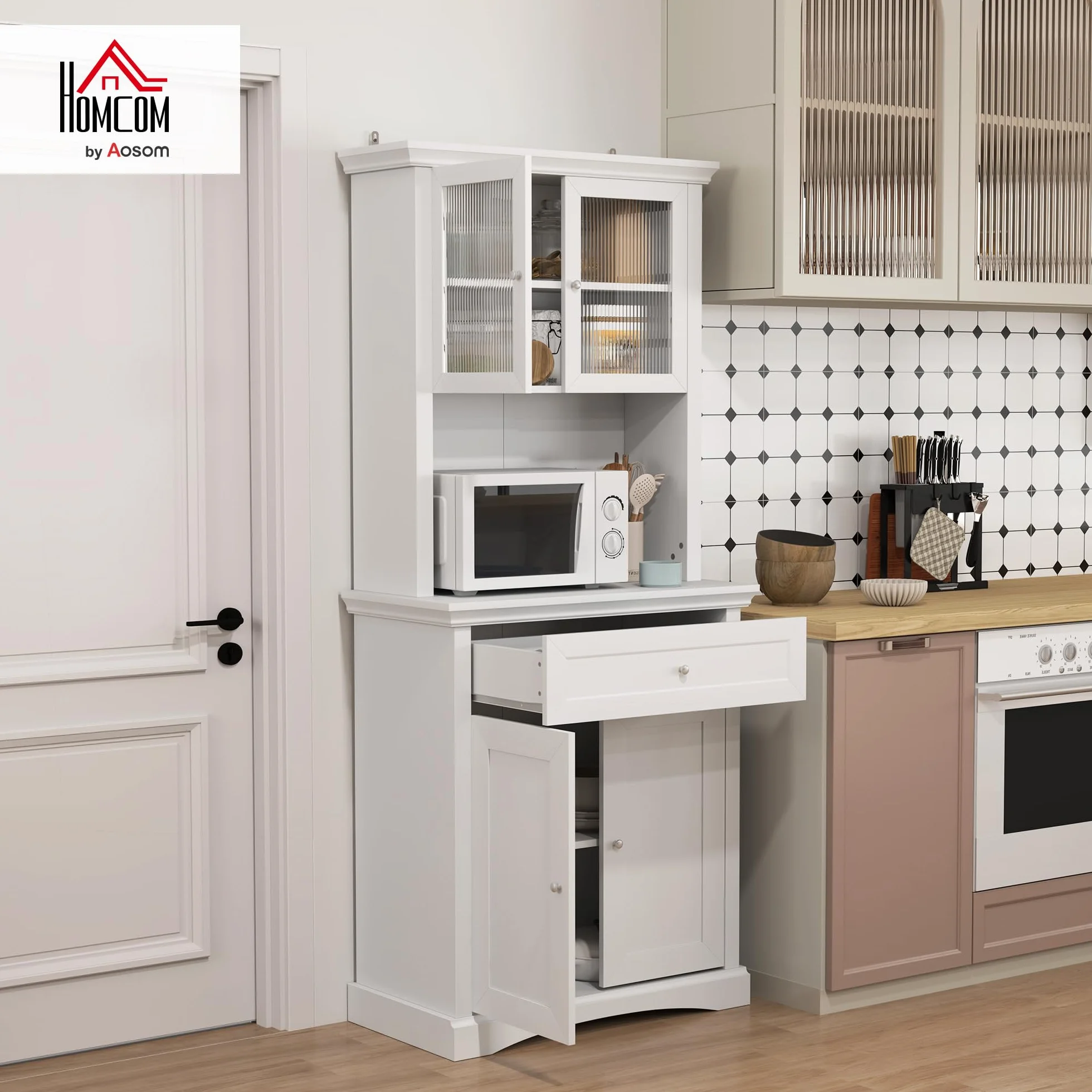 HOMCOM Alacena de Cocina Moderna Armario de Cocina con 1 Cajón 2 Puertas de Vidrio y Estantes Ajustables Carga 50 kg para Comedor Salón 79x40x180 cm Blanco