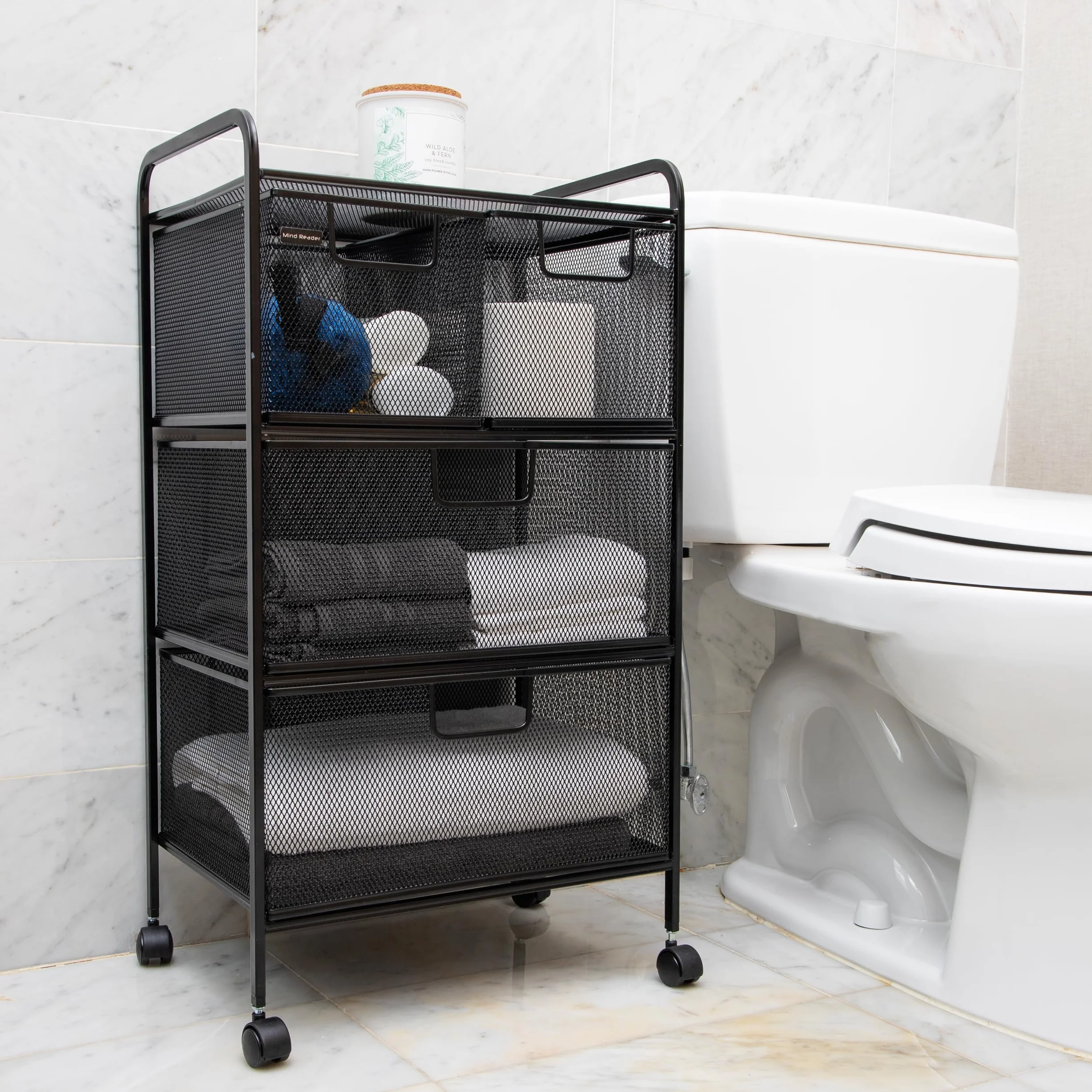 Mind Reader Carrito con cajones, organizador de lavandería, carrito utilitario, baño, cocina, malla metálica, 40.6 cm de largo x 27.9 cm de ancho x 73.7 cm de alto, color negro
