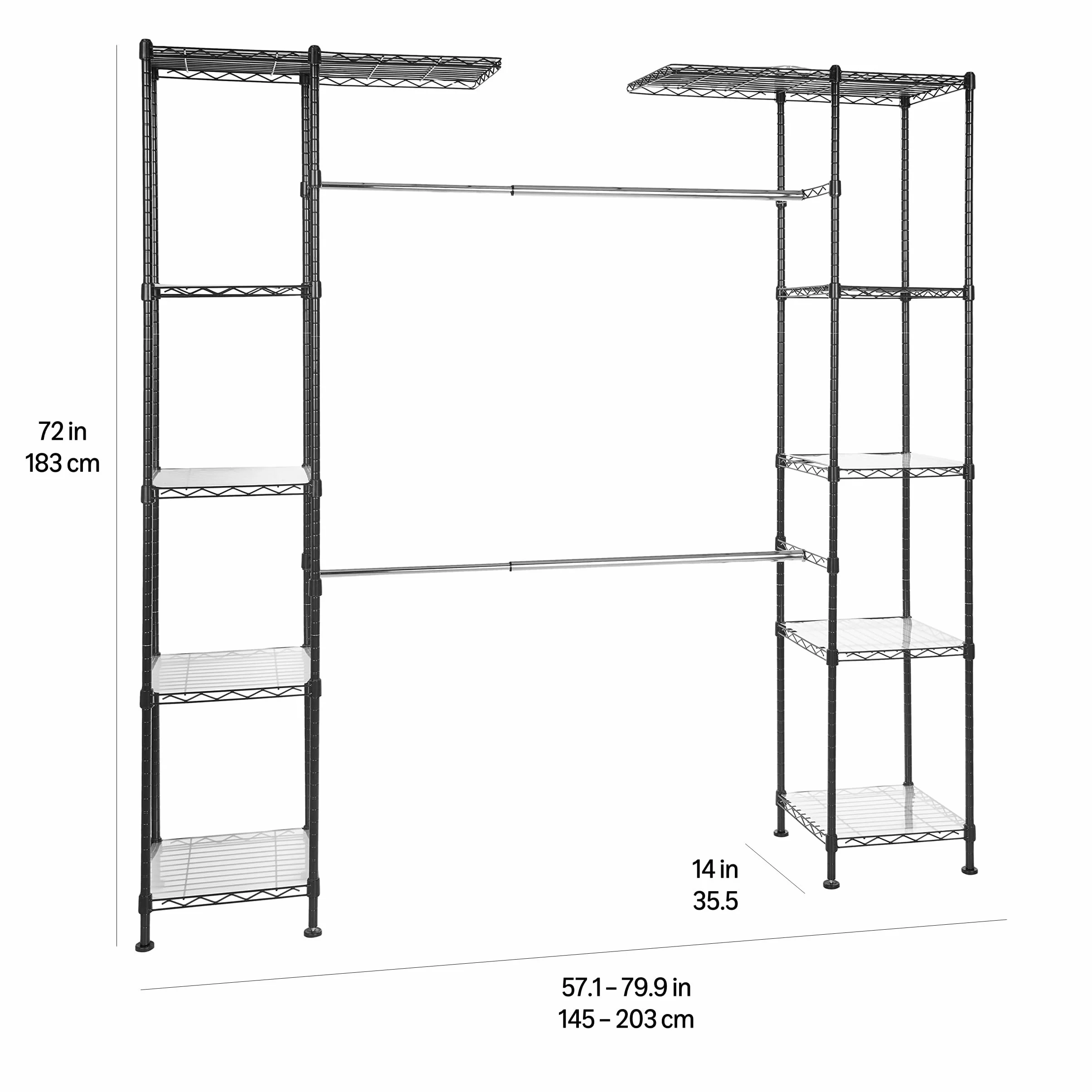 Amazon Basics Sistema organizador de armario extensible, Negro 144.8-203.2 x 35.6 x 182.9 cm