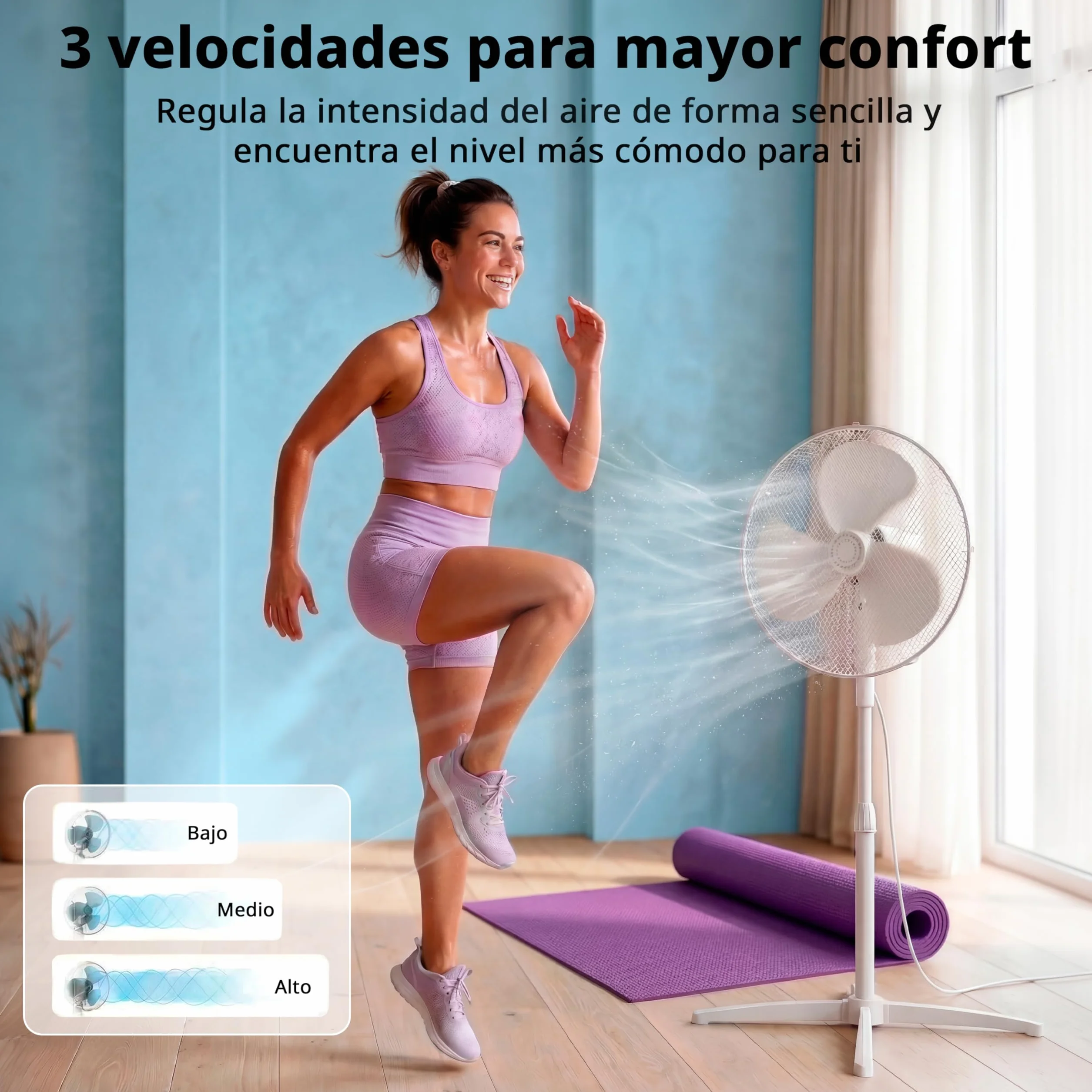 COMFEE Ventilador de Pie 40W 3 Velocidades Oscilación 90º Altura Ajustable Flujo de Aire 40m3/min Silencioso
