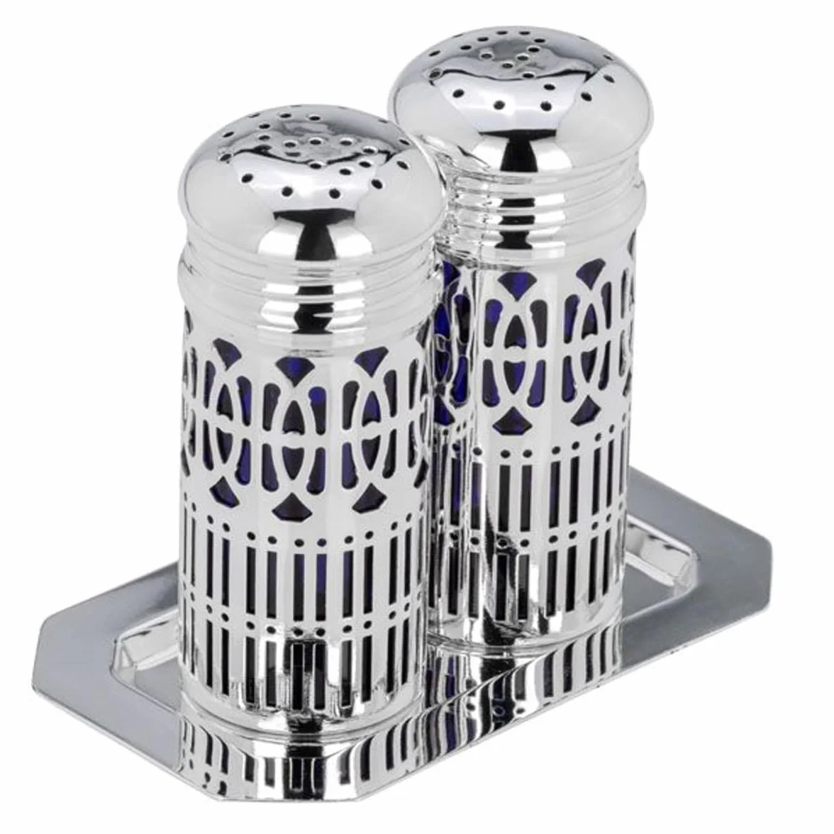 Par de esparcidores con bandeja de color azul higiénico, rectangular, 9 cm, plata de primera calidad, chapado en plata